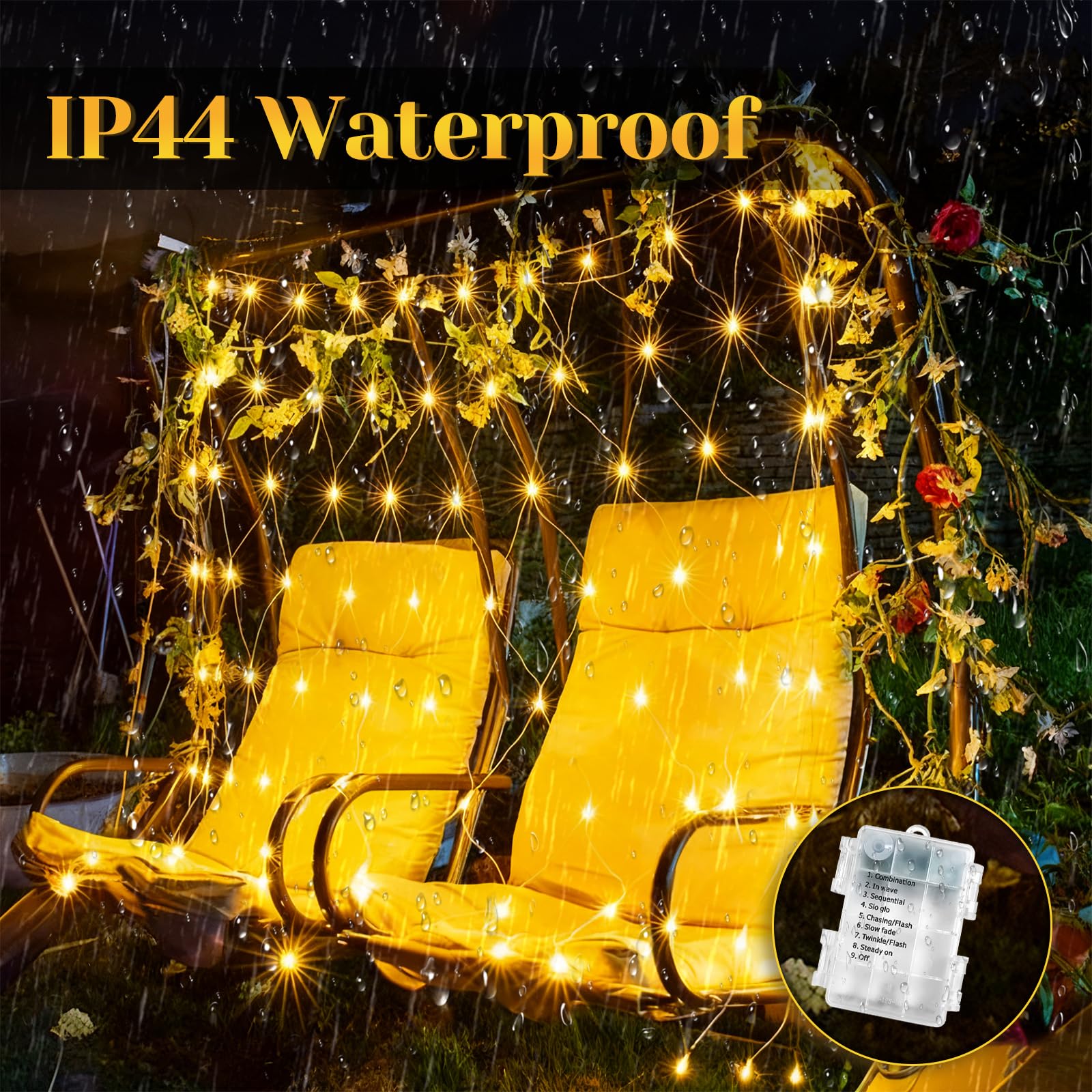 Flechllary 200 LED Fairy Lights, Battery Operated, Waterproof, 67Ft, Warm White, 8 Modes, Model LZZK-IR21-13-01