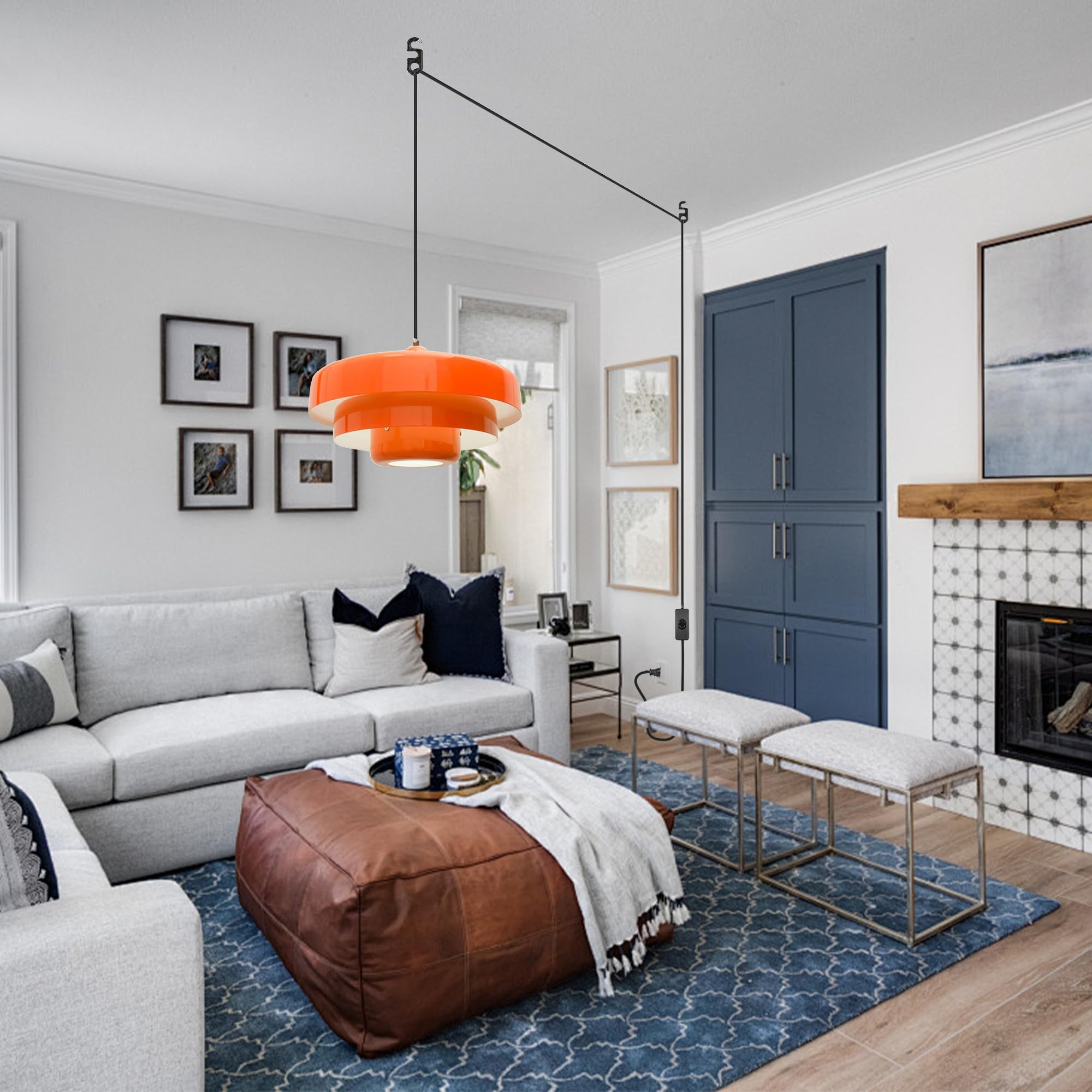 DoungRos Mid Century Plug in Pendant Light - Orange Metal Shade, On/Off Switch, Nordic Style, DR011 for Living Room, Dining, Bedroom, Kitchen