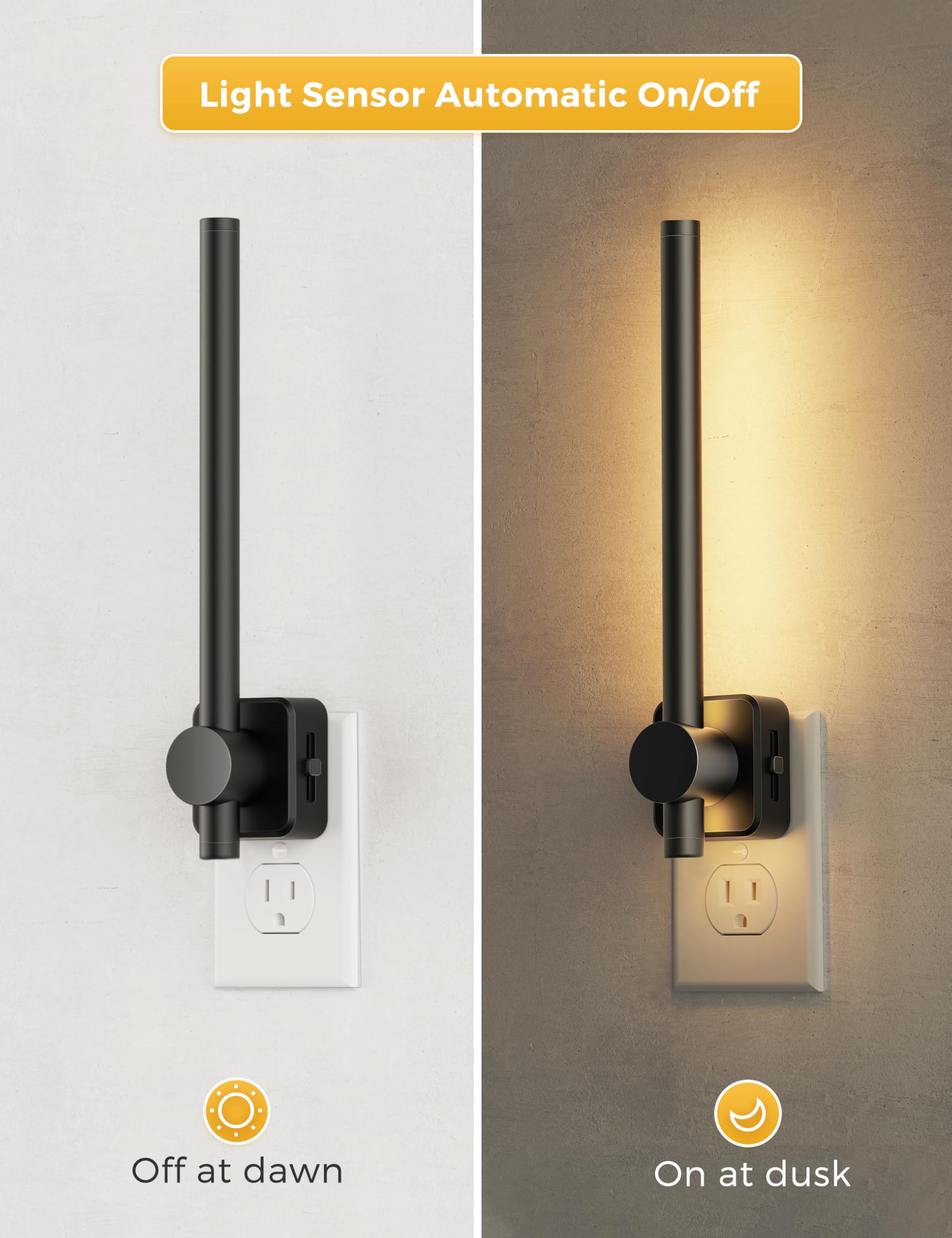 L Lohas Led Night Light, [2 Pack] Black Vanity Night Light Plug Into Wall 0-200Lm, Dusk To Dawn Sensor, 2 W Dimmable Night Light
