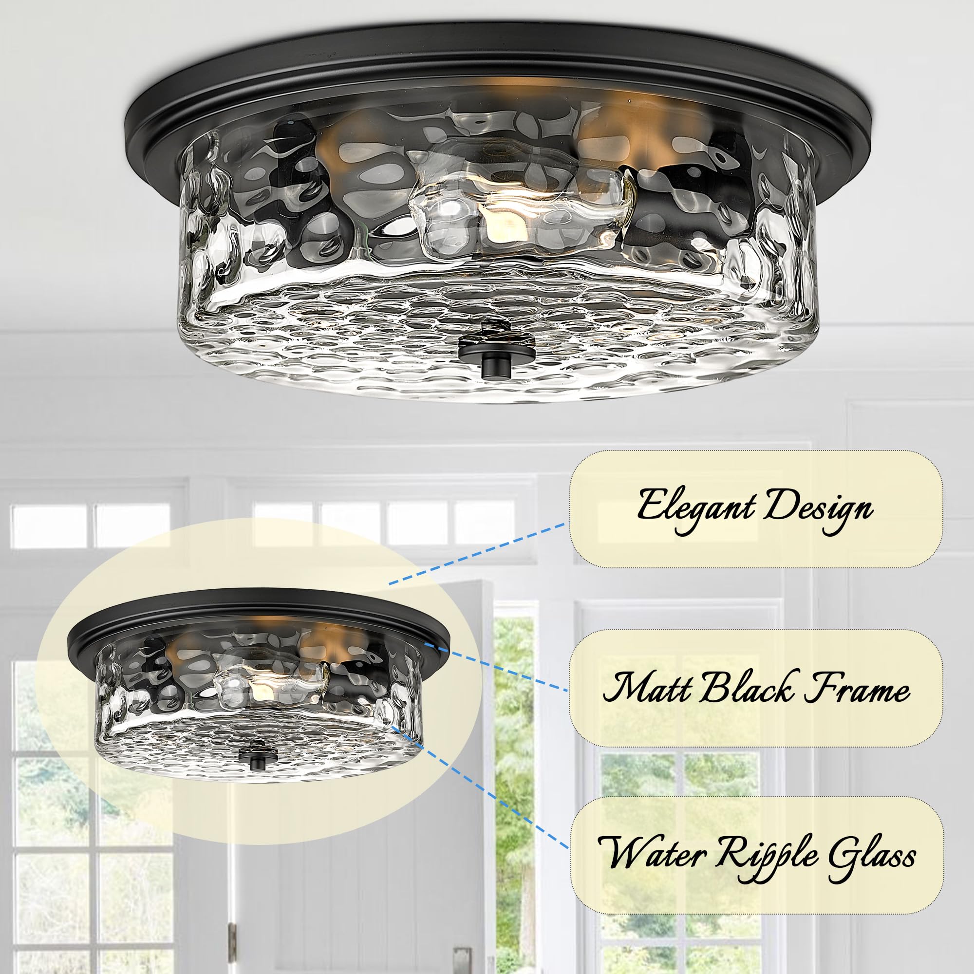 Odeums 16&quot; Black Industrial Flush Mount Ceiling Light, 3-Light Fixture For Kitchen & Living Room