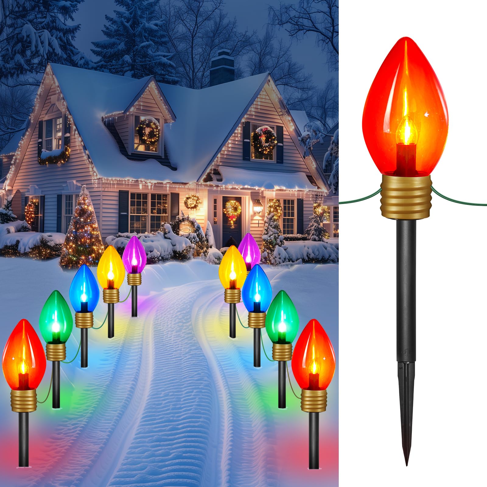 Minetom Christmas Lights Jumbo C9 Outdoor Lawn Decorations, 10.5ft, 4 Pack, Multicolor PVC Bulbs with Pathway Marker Stakes