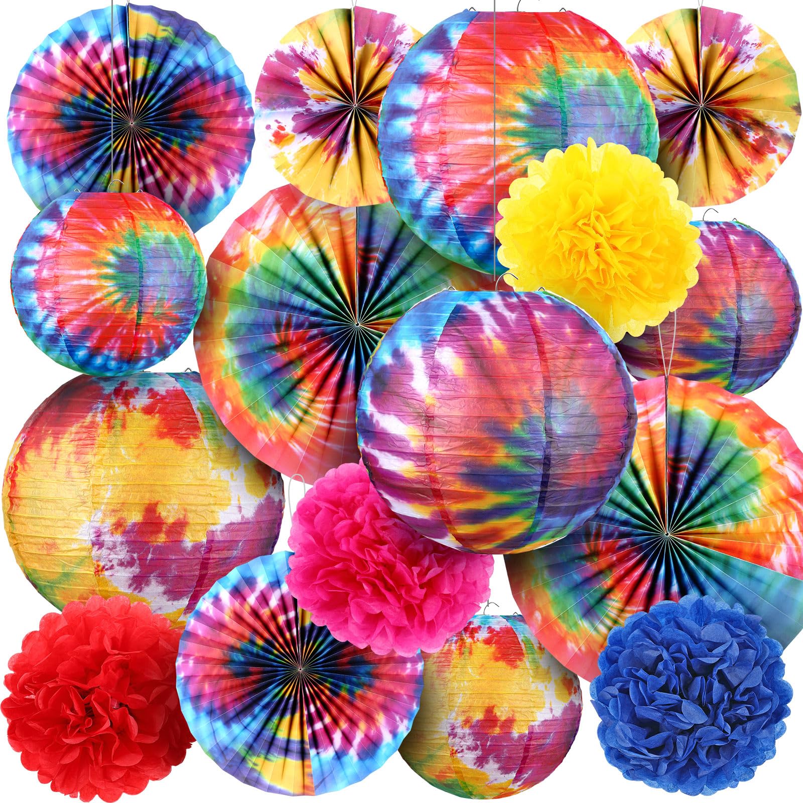 Hortsun 16 Pcs Tie Dyed Party Decorations Include 6 Pcs 12 and 6 Groovy Hippie Hanging Paper Lanterns,6 Paper Fans -3 Size and 4