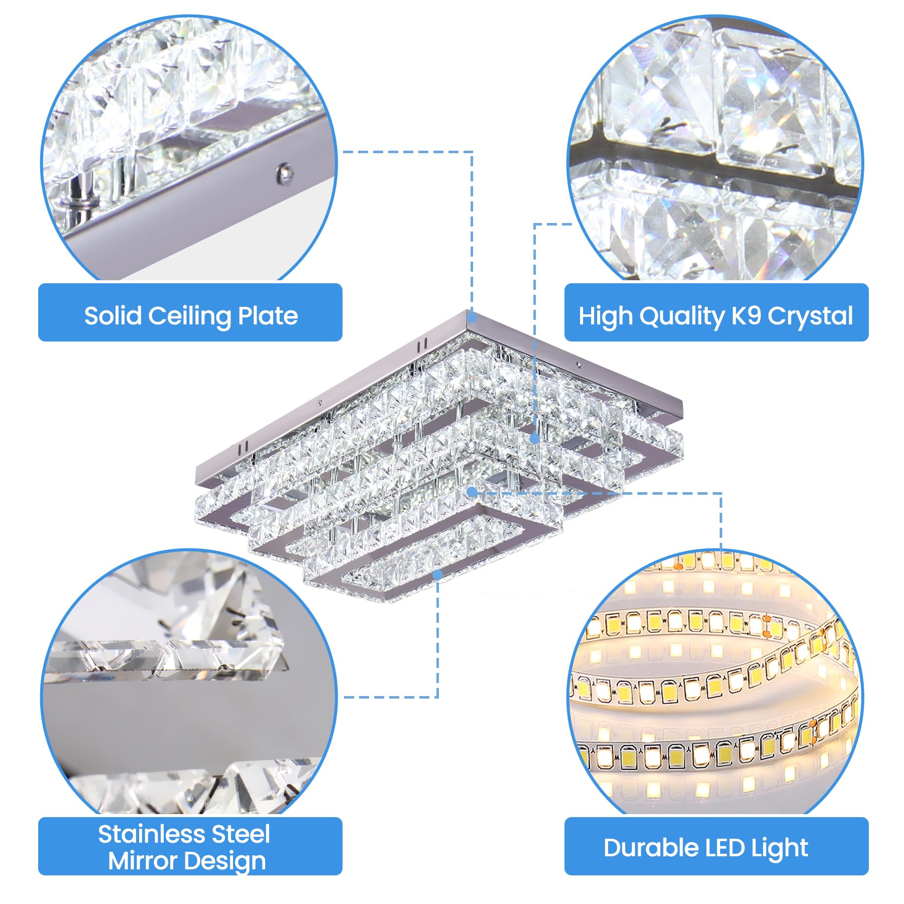 Finktonglan Modern Crystal Led Ceiling Light Fixture, 20&quot; Rectangular Chandelier, 3-Tier, Cool White