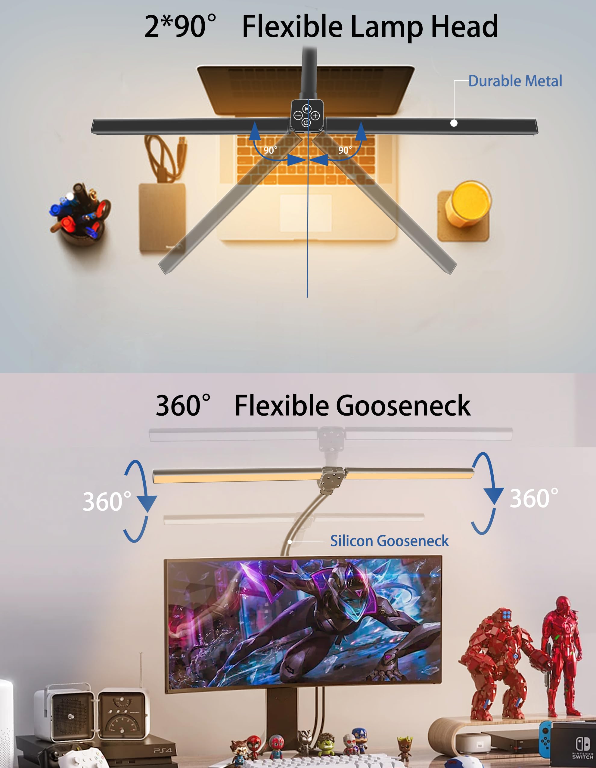LED Desk Lamp for Home Office, Double Head Flexible Gooseneck with Clamp & Base, 24W High Brightness Eye-Car ing, 25 Modes & Rem