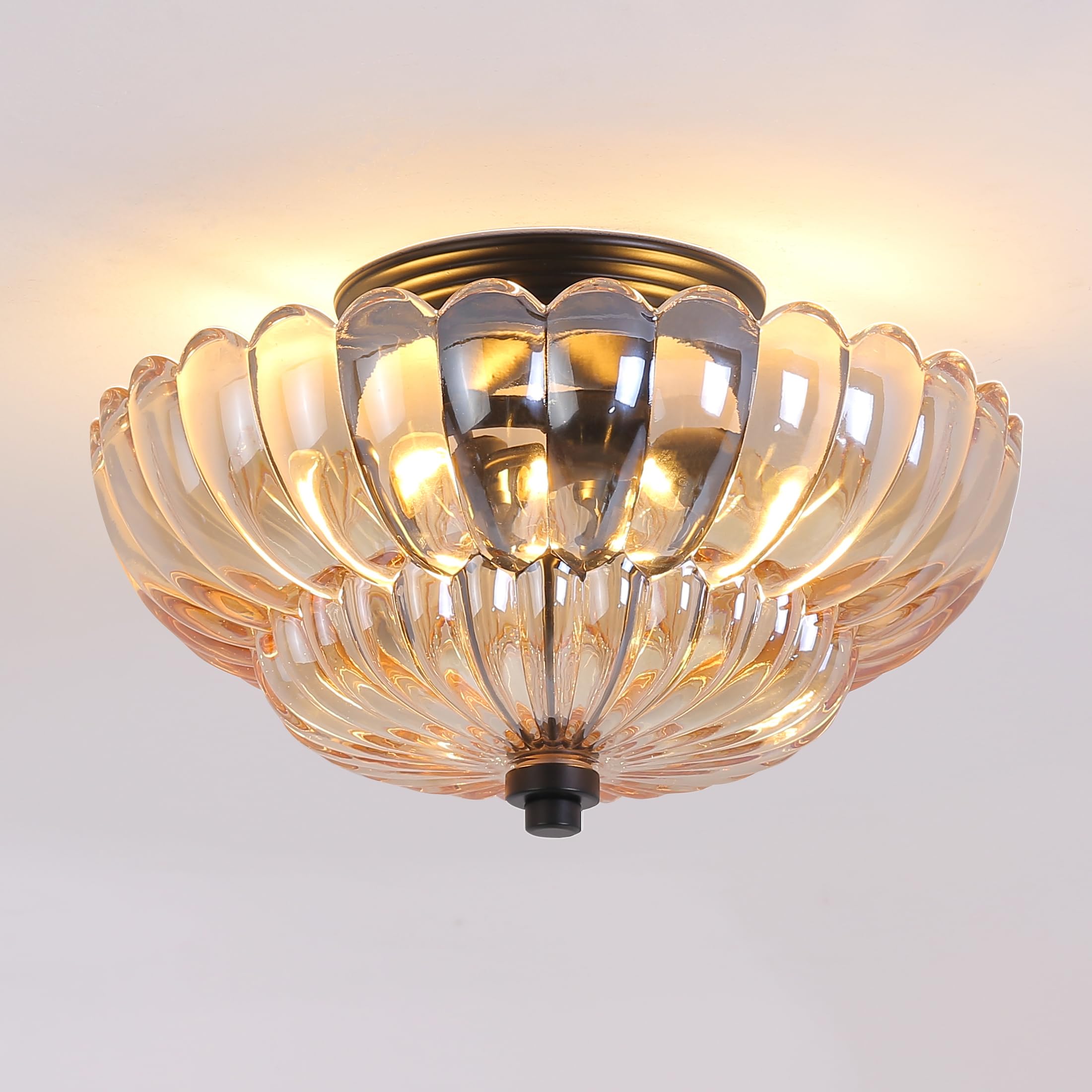 Semi Flush Mount Ceiling Light, Scalloped Amber Glass Close To Ceiling Light Fixtures With 2 Lights, Black Vintage Light Fixture