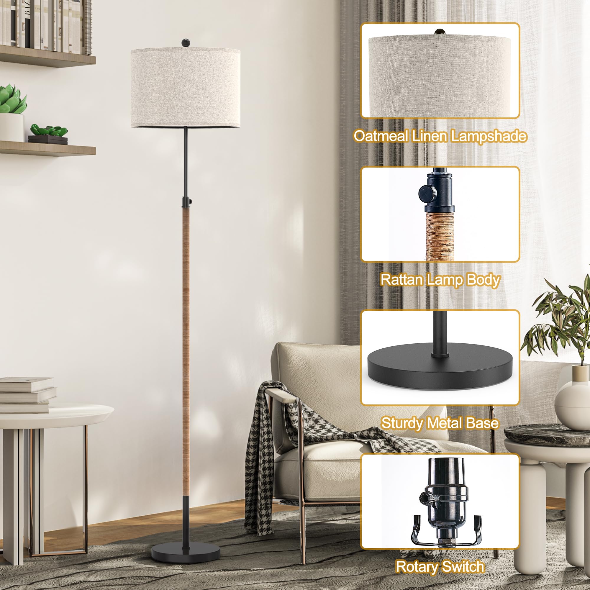 Hightry Farmhouse Rattan Floor Lamp For Living Room, Adjustable Height:65''-70'' Brass Gold Standing Lamp, Boho Tall Skinny Pole