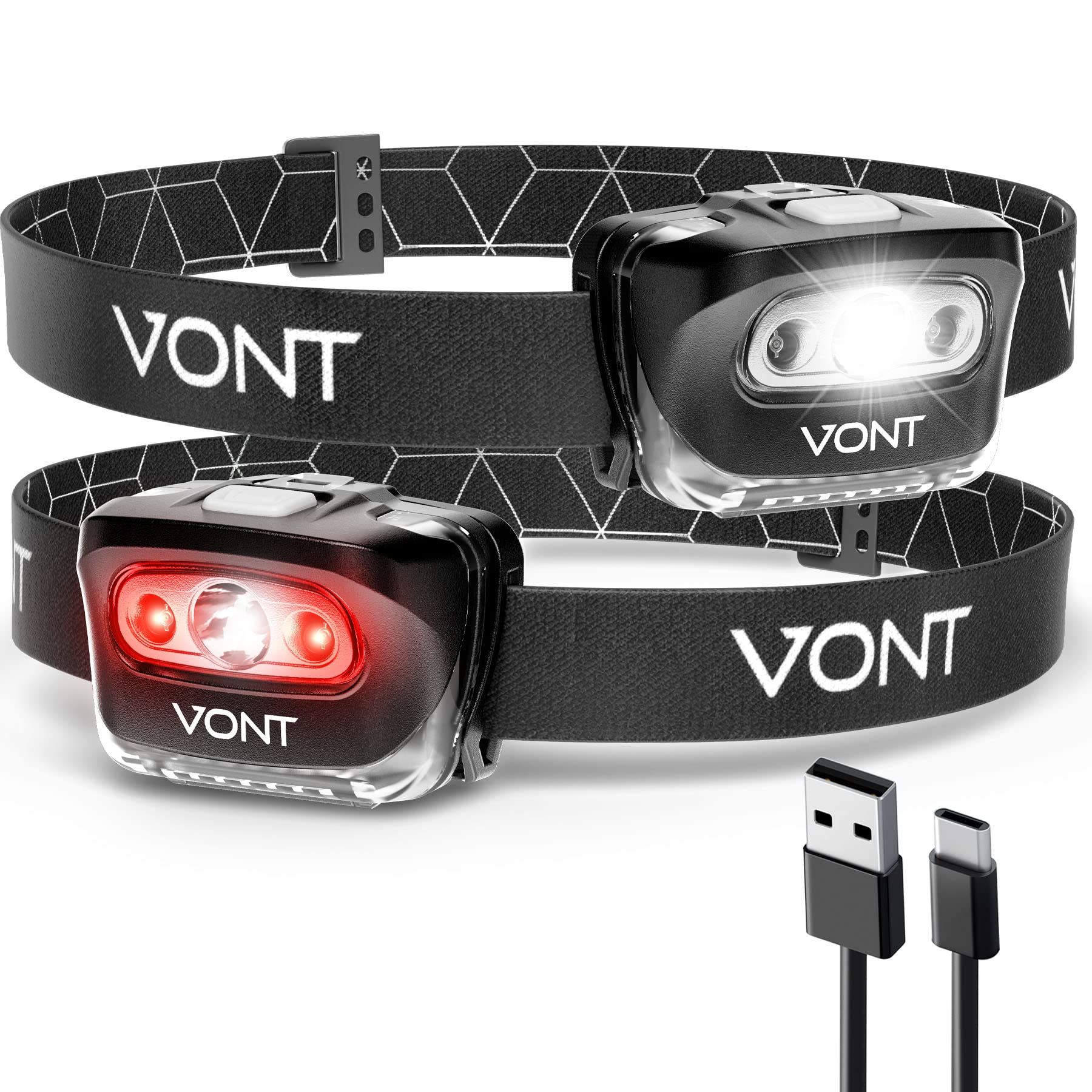 Vont LED Headlamp [Batteries Included, 2 Pack] IPX5 Waterproof, with Red Light, 7 Modes, Head Lamp, for Running, Camping, Hiking