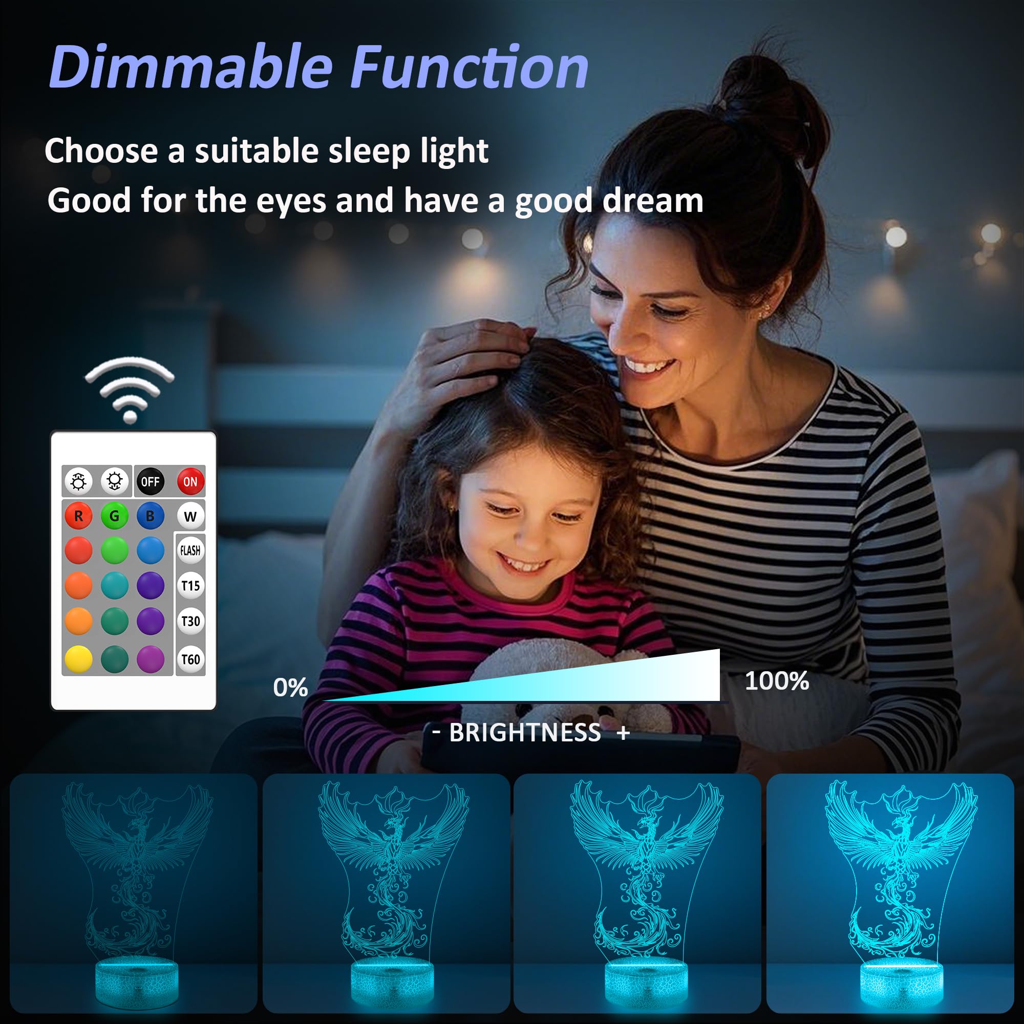 OkiyiD Phoenix Night Light 3D Illusion Lamp with Remote Control, 16 Colors, Acrylic, Blue, Model DL-OK100