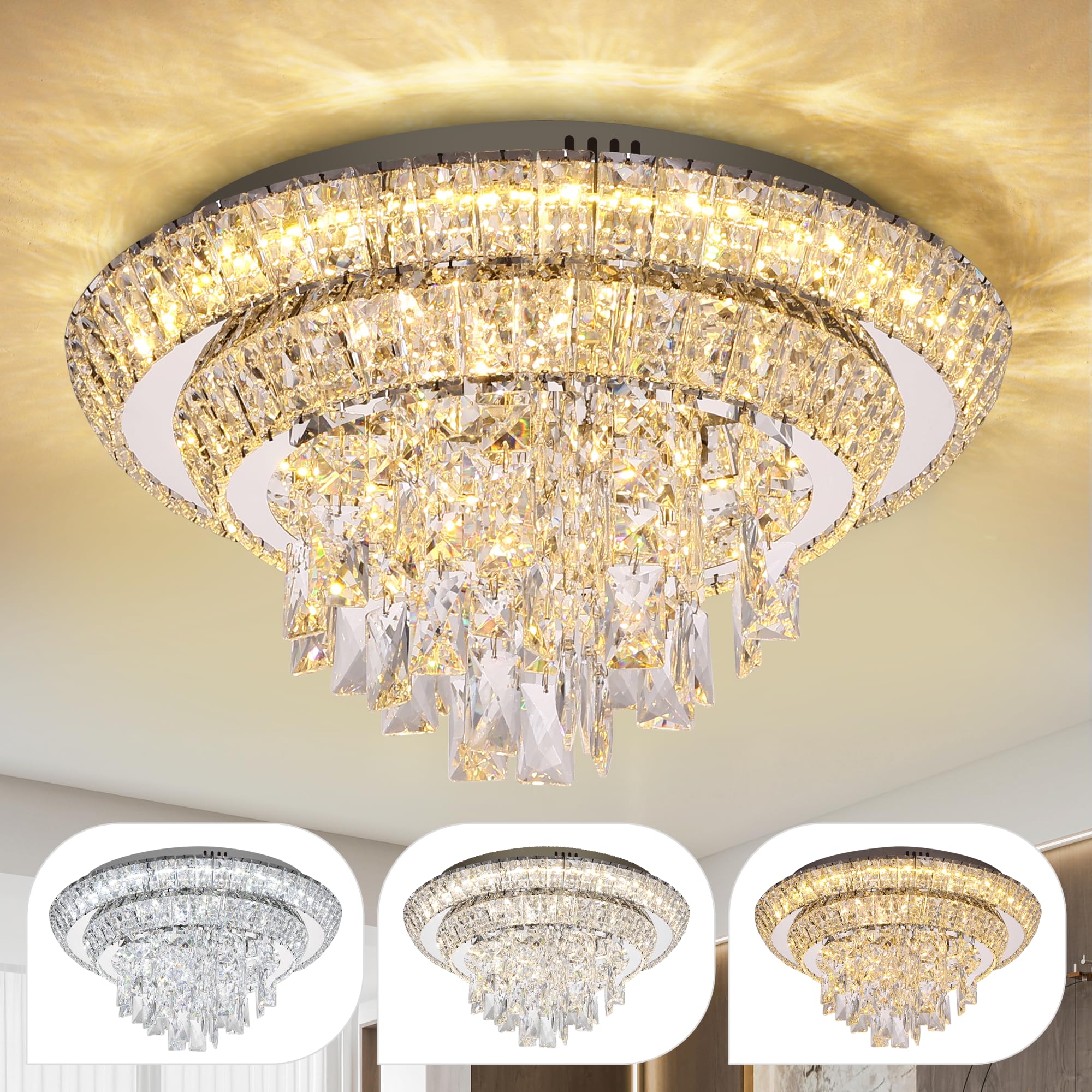 Cocostar Sliver Elegant Led Crystal Raindrop Ceiling Light, 18'' Modern Flush Mount Chandelier Light Fixture With Remote Control
