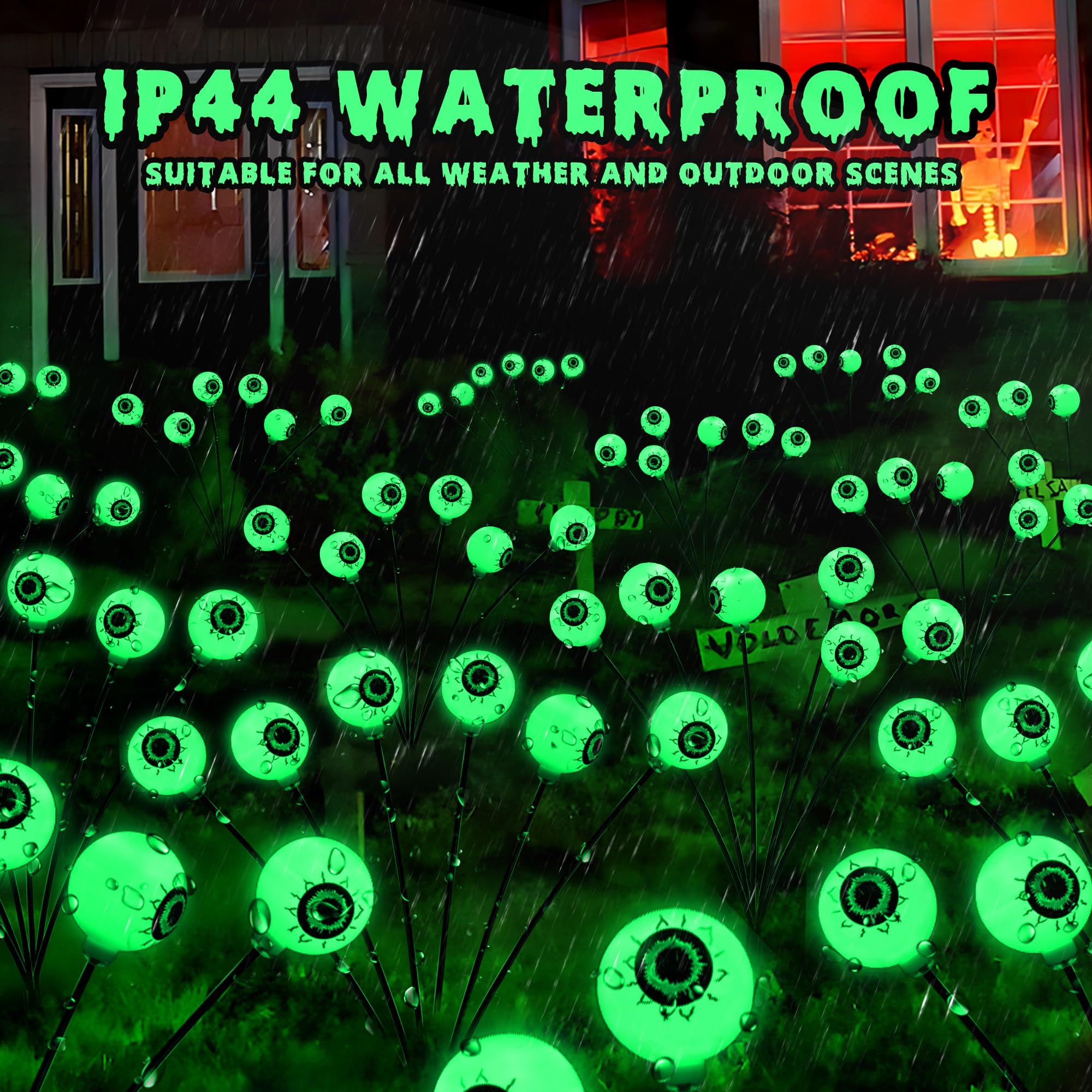 Brizlabs 4 Pack 24 Led Halloween Solar Lights  2 Modes Outdoor Halloween Eyeball Pathway Lights  Solar Spooky Walkway Light Waterproof  Green Swaying Firefly Lighting For Path Yard Garden Lawn