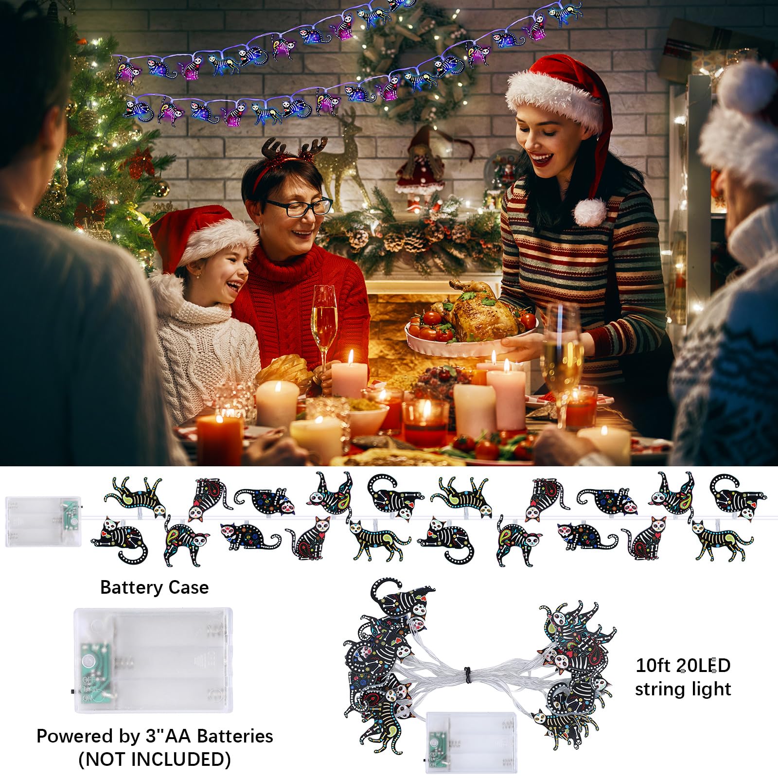 Ganeen Christmas Cat Decorations Christmas Cat Horror Ornaments for Tree 10 ft 20 LED LED Lights Battery Operated