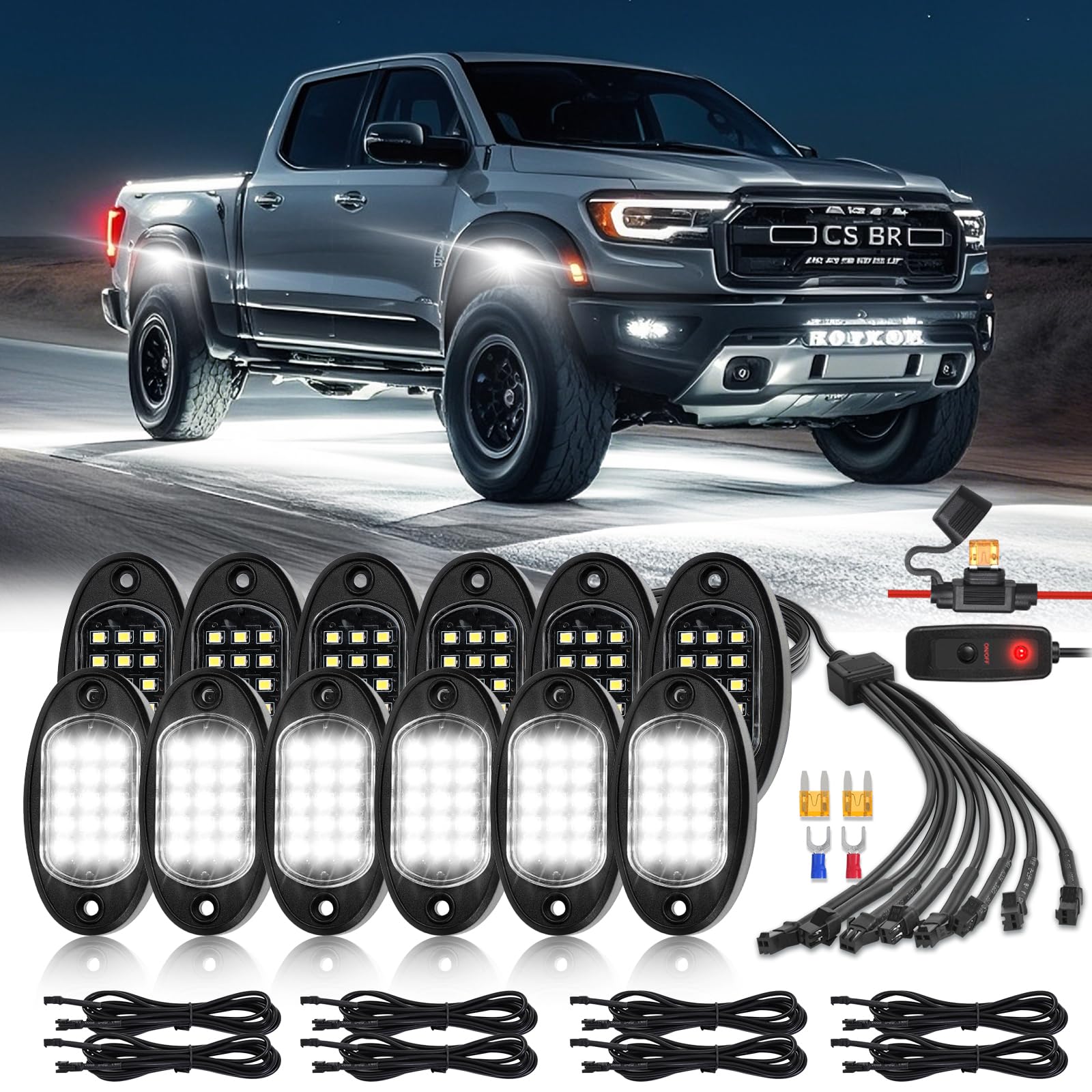 12 Pods Pure White Led Rock Lights With Extension Wires  6500K Super Bright White Underglow Kit For Truck Trailer Offroad Pickup Sxs Utv  Ip67 Waterproof Under Trailer Lighting