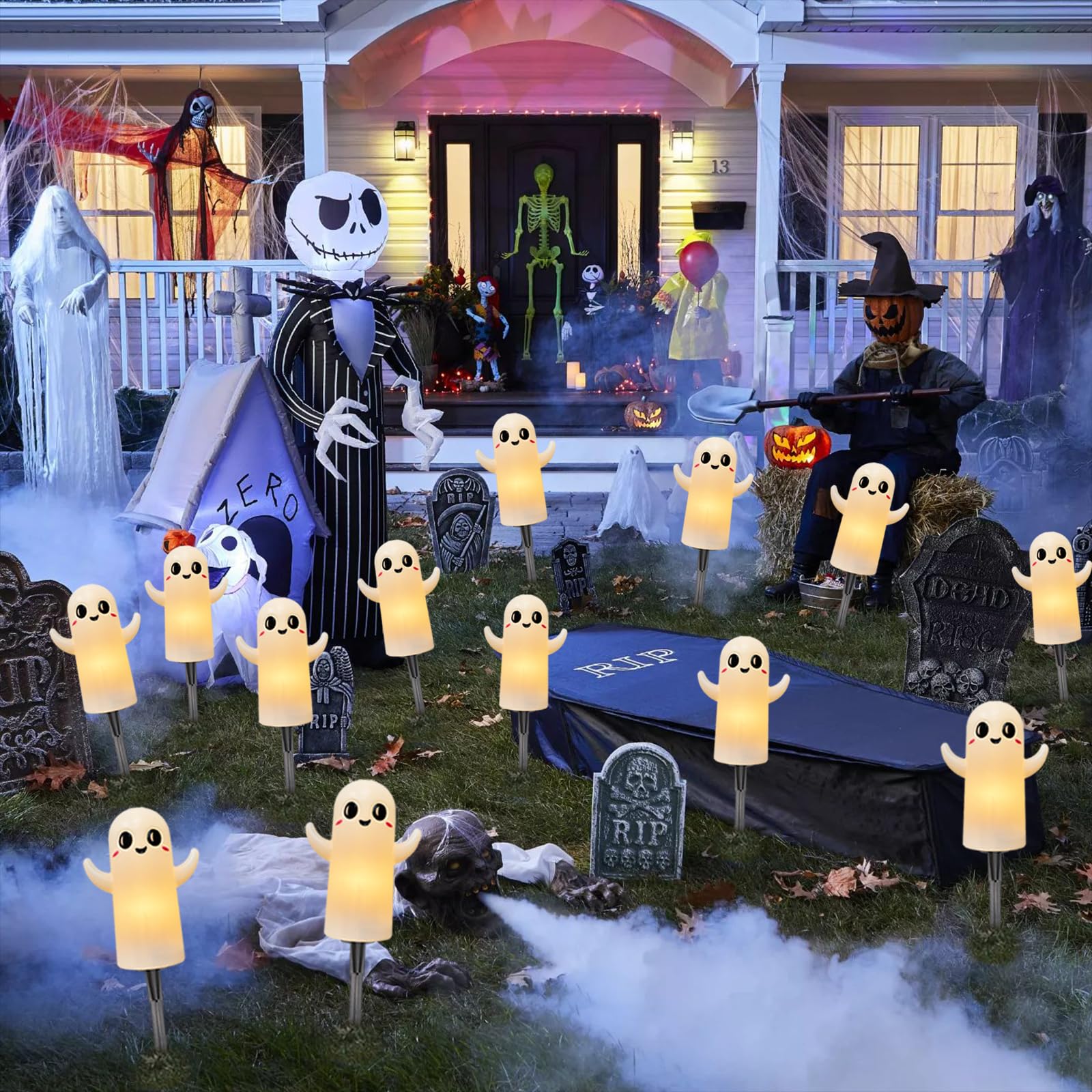 4 Pack Halloween Smiley Elves Pathway Lights, 7Ft Outdoor Halloween Decorations Lights With Led Smiling Ghost Yard Stakes Lights