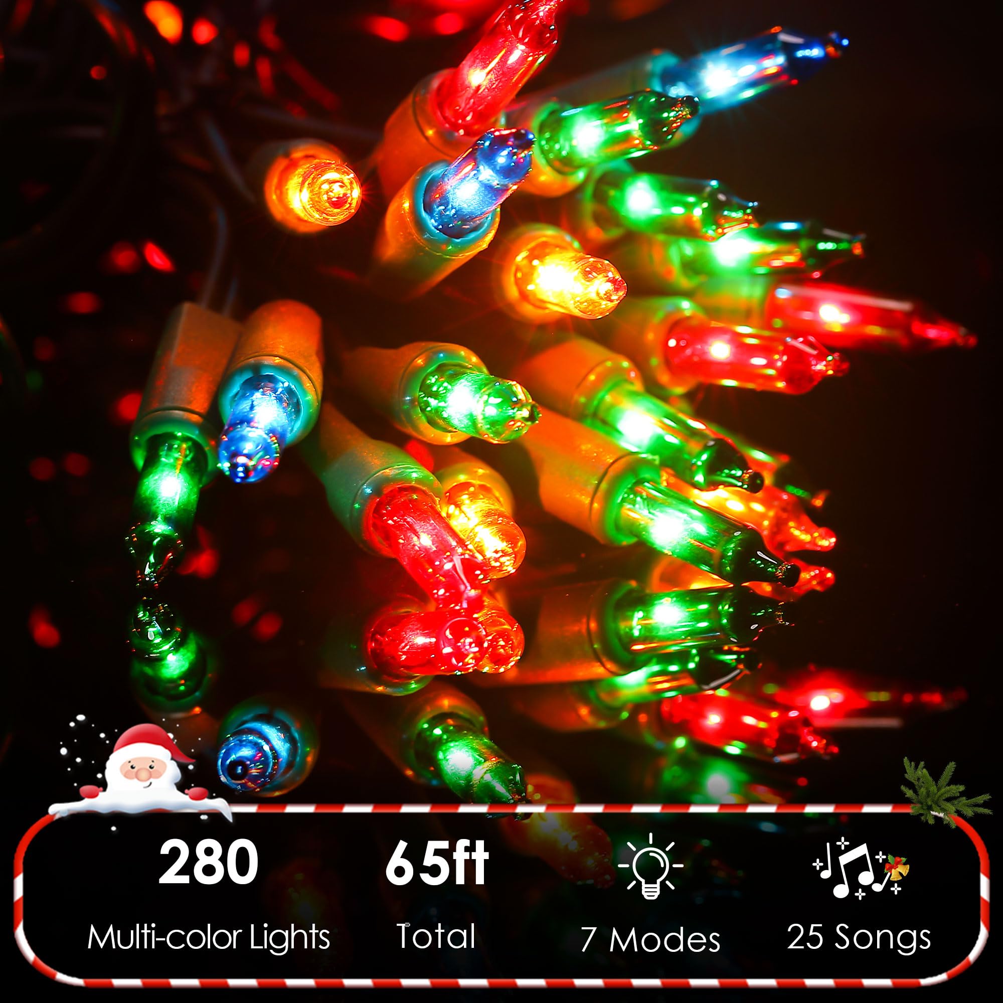 Enhon 280 Bulbs 65Ft Musical Christmas Lights, Christmas Xmas Tree Music Lights With 25 Classical Holiday Songs, 7 Function Mode, Adjustable Volume And Mute, Green Wire For Xmas Tree(4 Color)