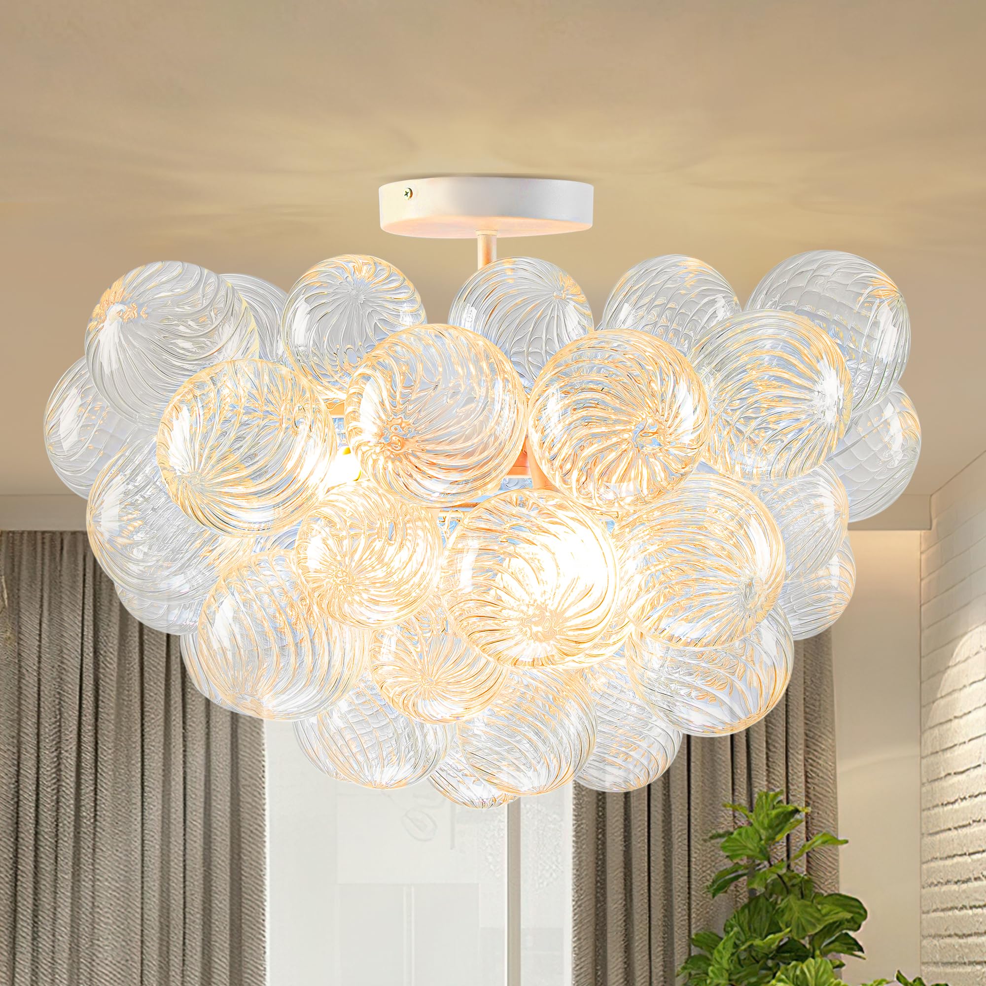 BeyPan Bubble Ball Glass Chandelier White Finish Clear Ribbed Blown Glass Globe Semi Flush Mount Ceiling Light Fixture 20'' Dia 