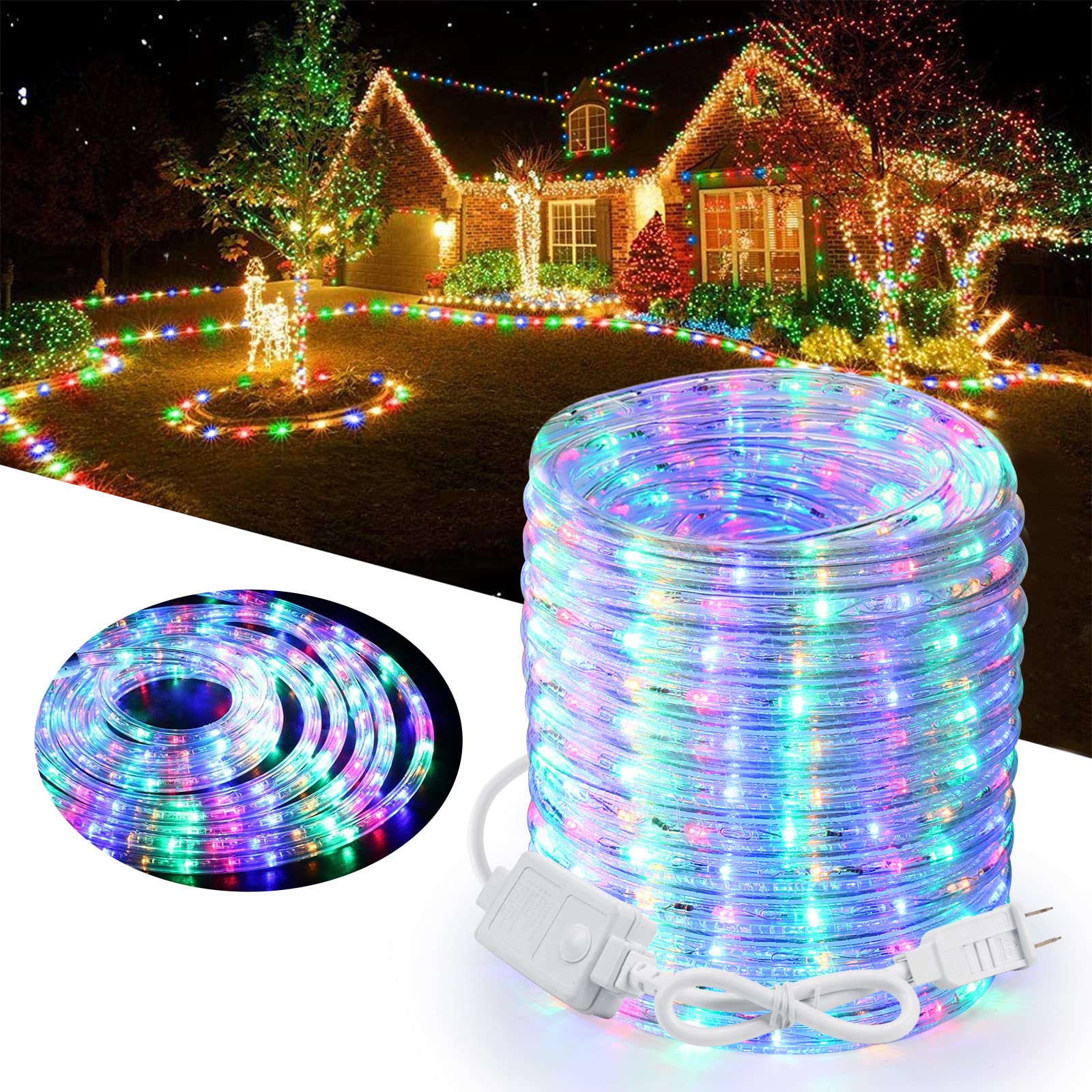 LED Rope Lights, 32.8ft 240 LED Christmas Tube String Lights, Connectable Indoor Outdoor Clear Tube Decorative Lighting for Garden, Patio, Bedroom, Party, Wedding, Christmas Decoration (Multicolor)