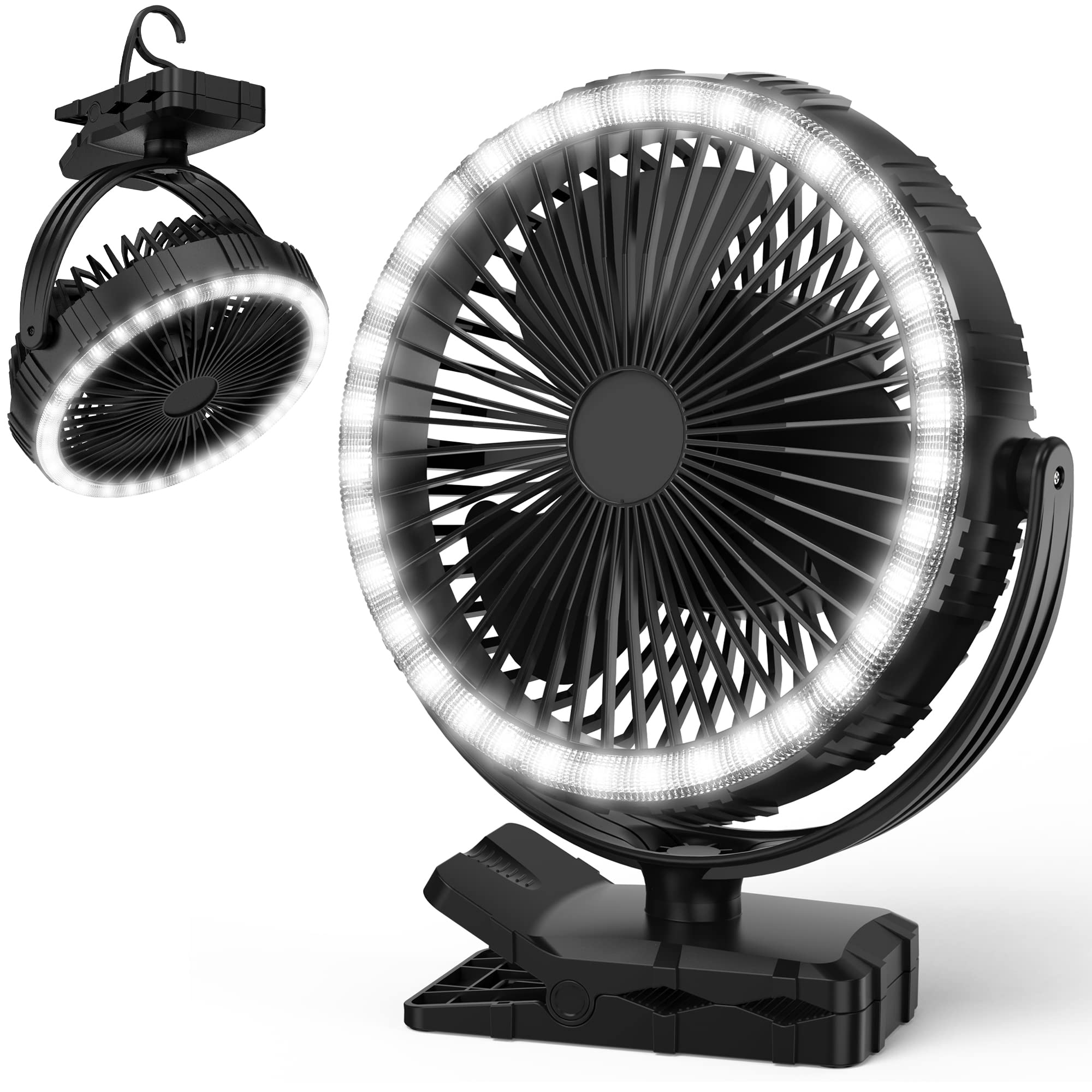 8-Inch Portable Camping Fan with Light, 10000mAh Rechargeable Battery Operated, 3 Speeds Cordless Clip on Table Fan with Hook &