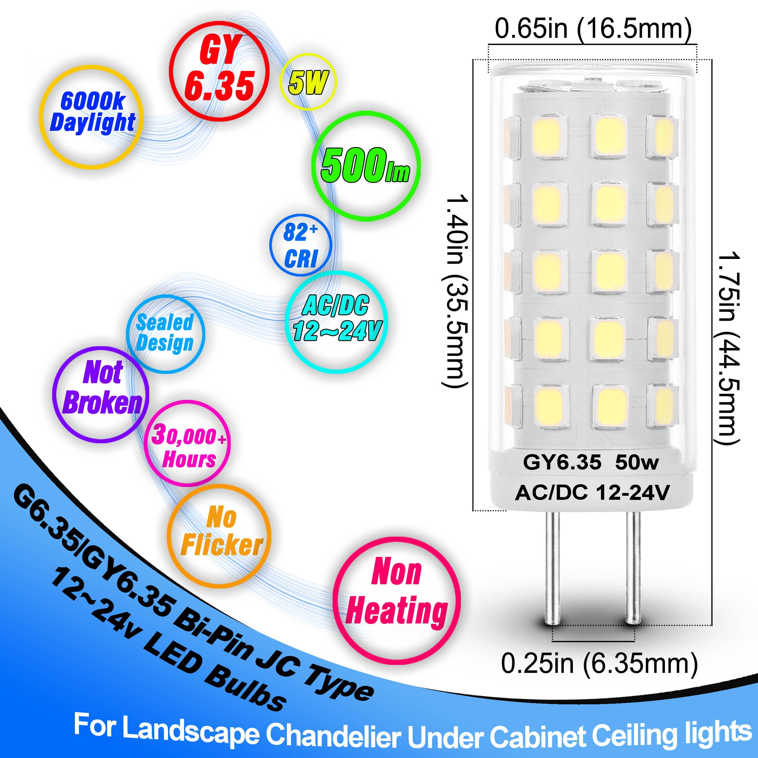 Heifymi Ac/Dc 12-24V 5W G6.35 Led Bulb Daylight White 6000K G6.35/Gy6.35 Bi-Pin Base Jc Type Led 50W Halogen Replacement Bulb Fo