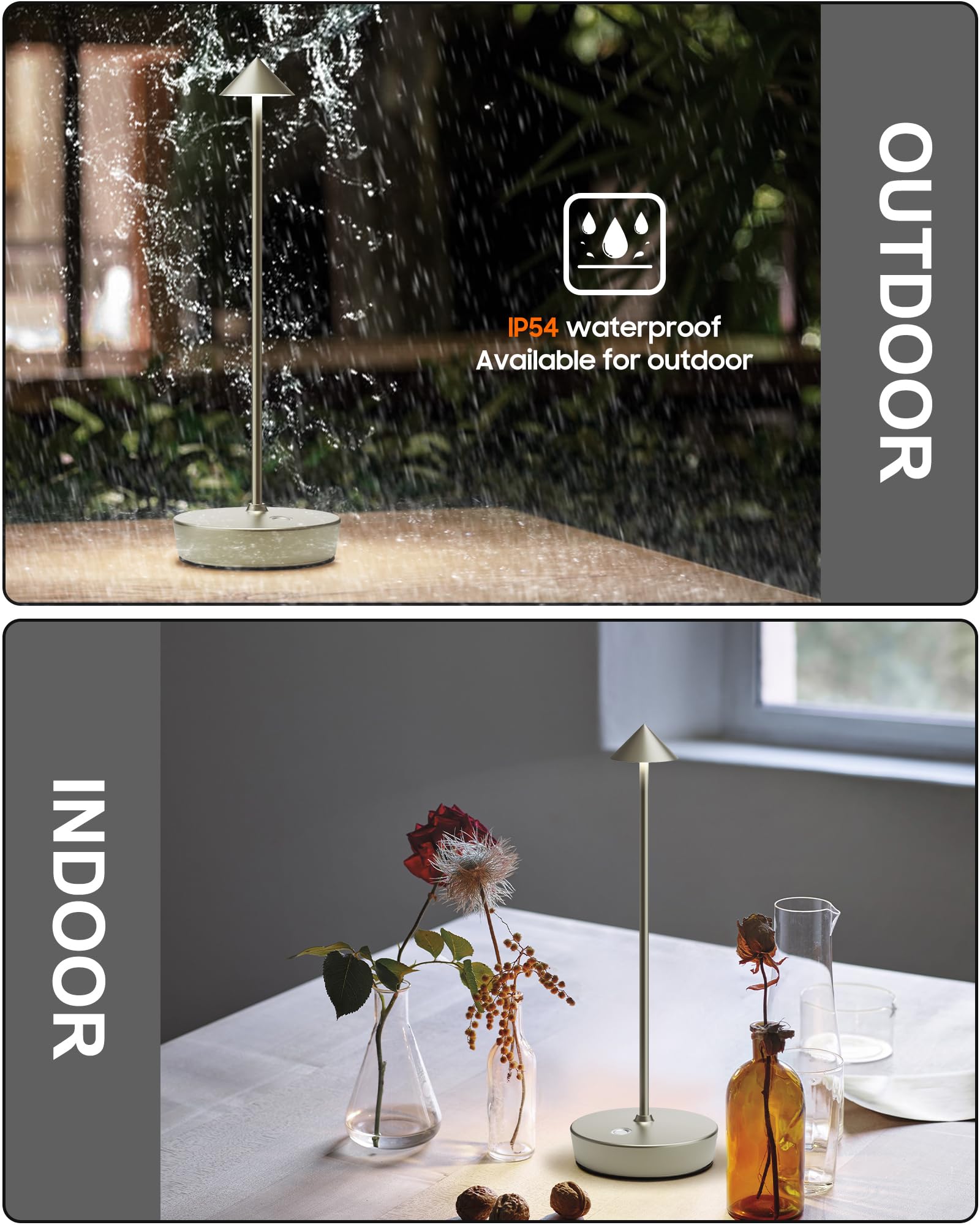 SHANGCAI Cordless Table Lamps, Rechargeable LED Desk Lamp, Waterproof, Touch Dimmable, Set of 2, Small, Silver