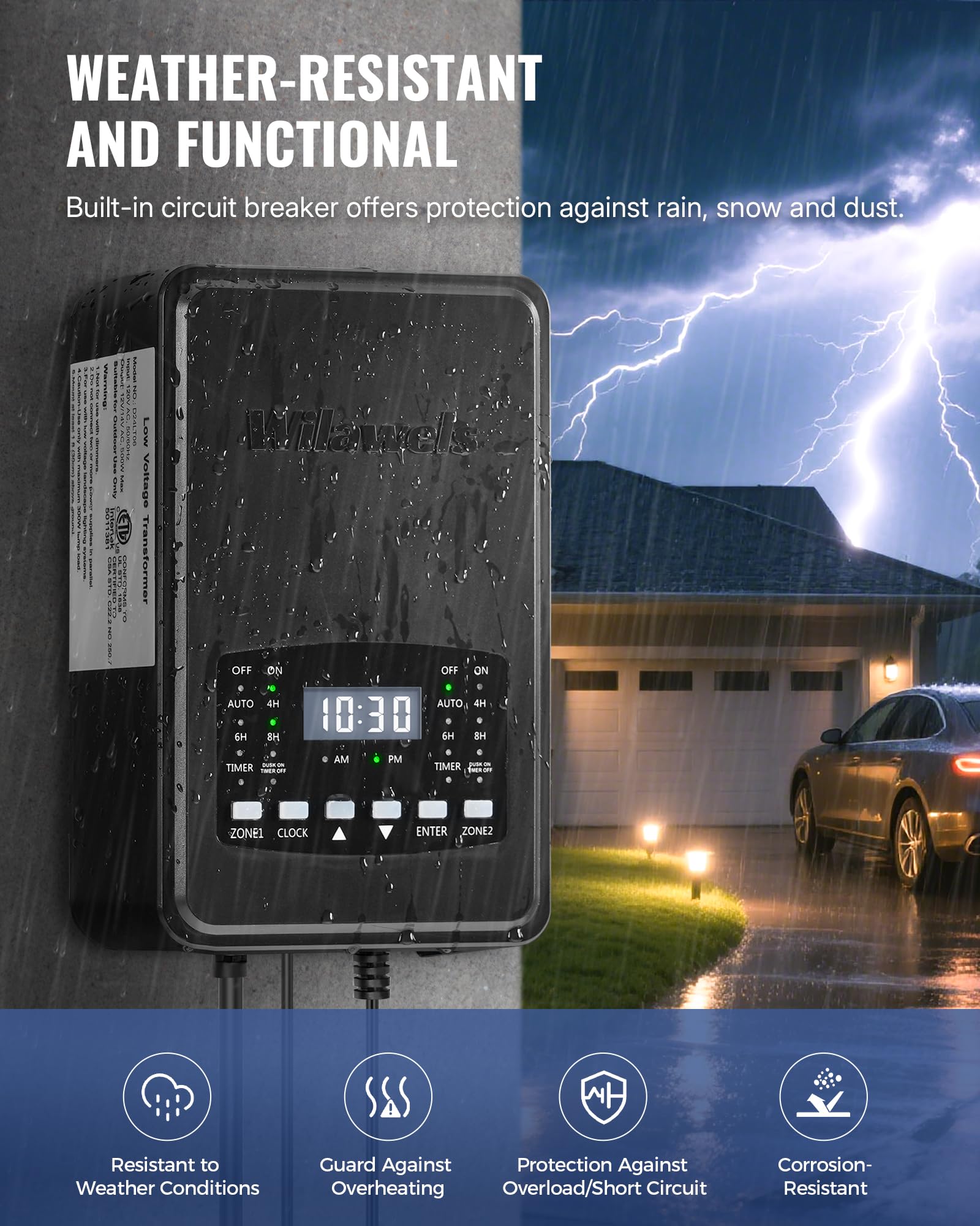 Wilawels 500W Low Voltage Landscape Transformer  2 Zone Independent Control Landscape Lighting Transformer  120Vac To 12/14V Ac Low Voltage Transformer With Timer & Photocell Sensor Etl Listed D24Lt06