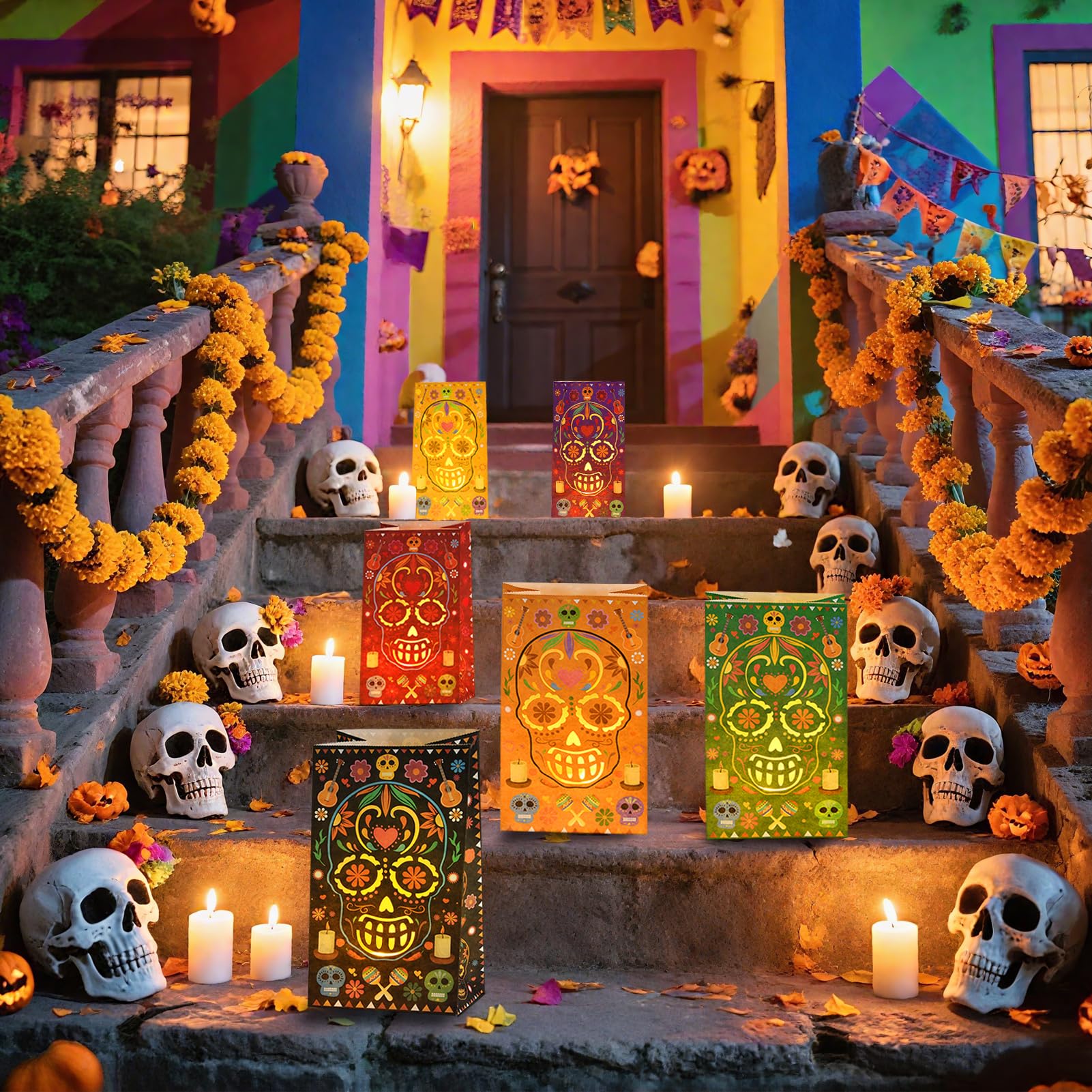 Antenda 30 Pcs Dia De Los Muertos Decorations Luminary Bags  Day Of The Dead Diwali Decor Flame Resistant Candle Bag - Halloween Candy Bag Mexican Fiesta Party Altar Favors Supplies