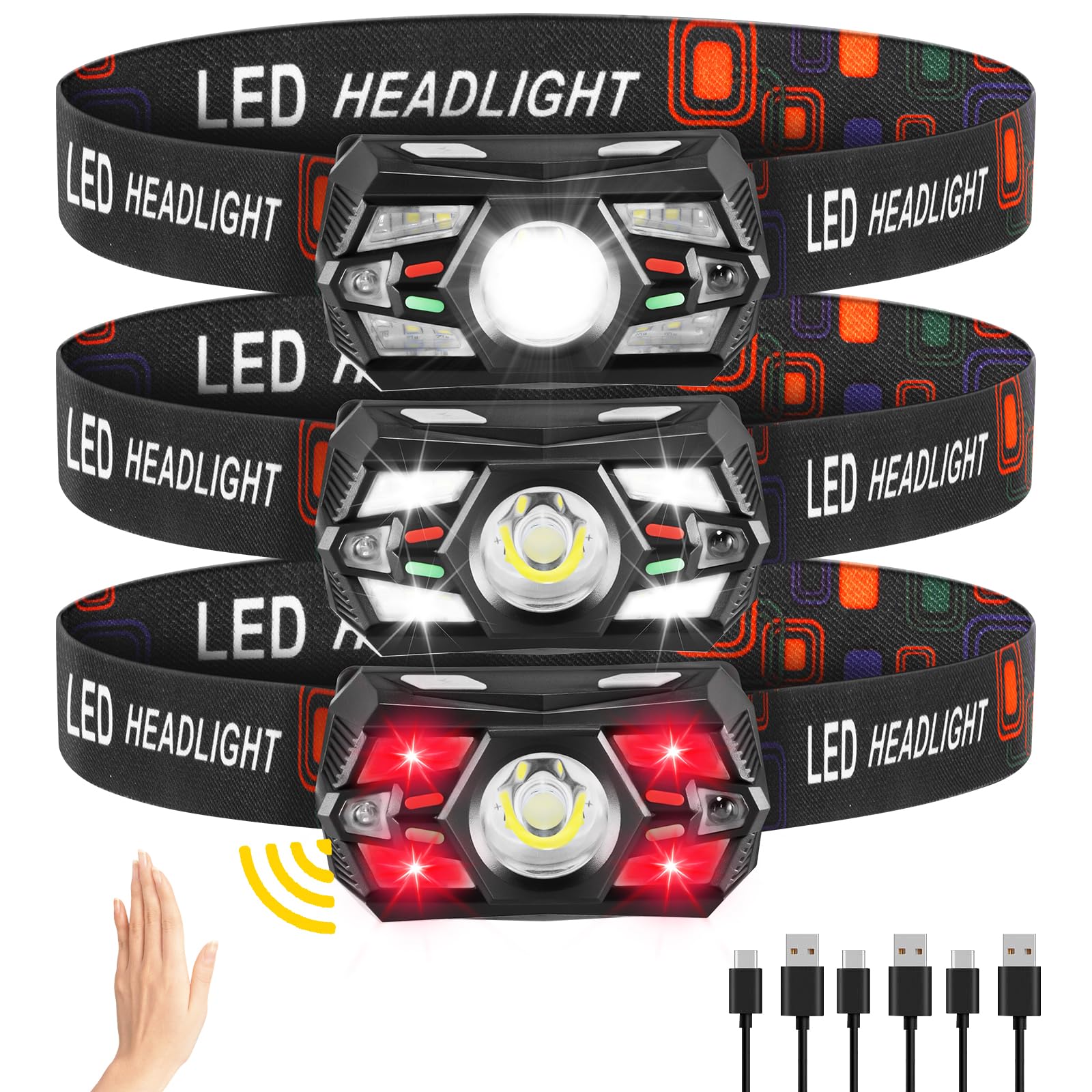 3Pack Headlamp Rechargeable, Super Bright Head Lamps Led Rechargeable, Led Headlight With Motion Sensor, Head Lights For Forehea