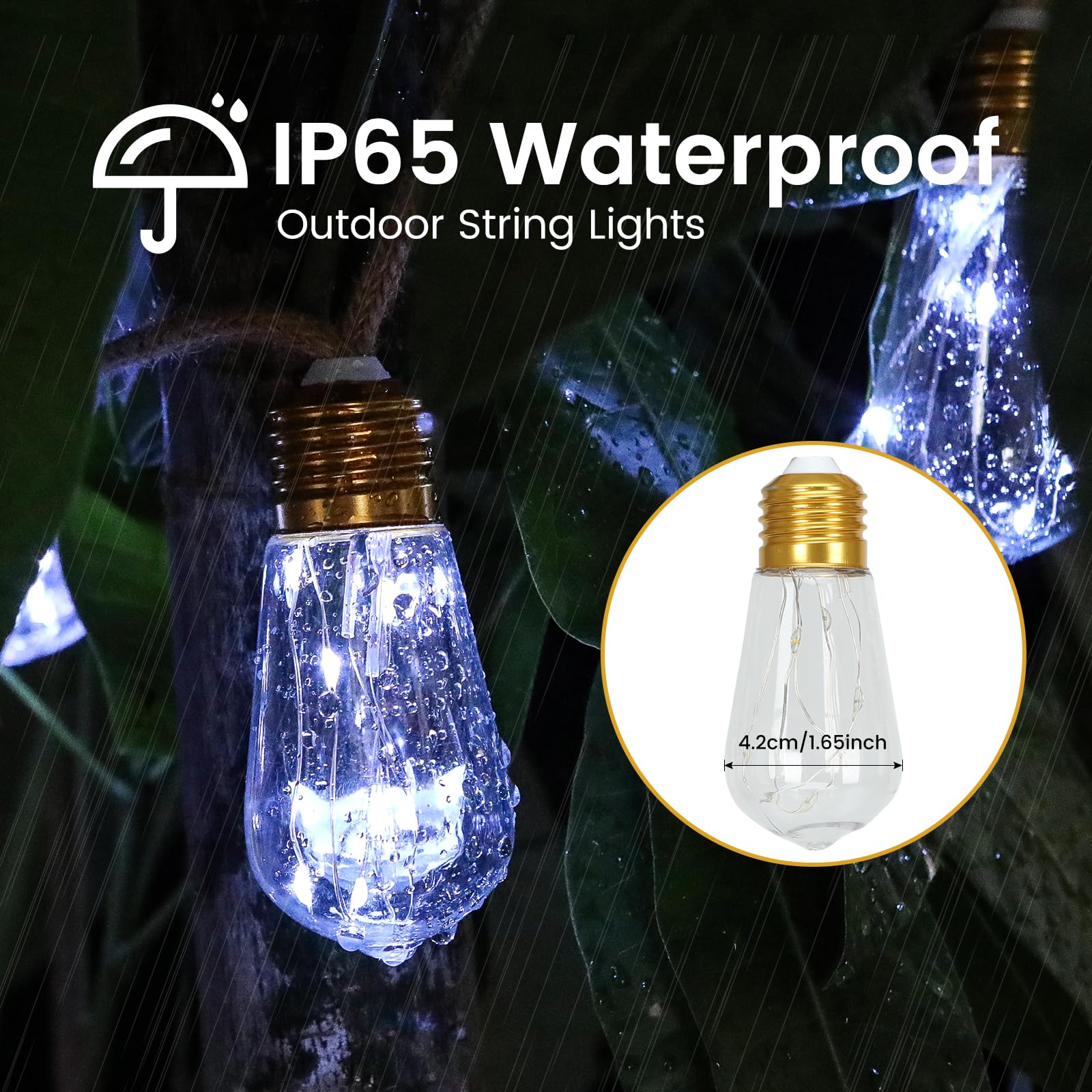 Solar Outdoor String Lights 24Ft Vintage Rope Hemp Solar Lights With 20 Shatterproof Bulbs,8 Modes Solar Powered String Lights With Memory Function, Waterproof For Fence,Balcony,Camping,Café(White)