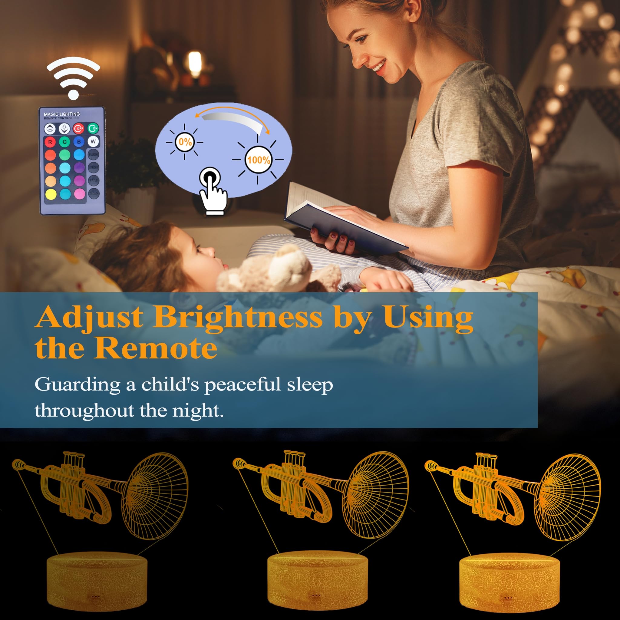Posshe Trumpet Night Light, Trumpet Gifts, 3D Illusion Lamp With 16 Colors Changing, Remote Control And Dimmable, Kids Boys Girl