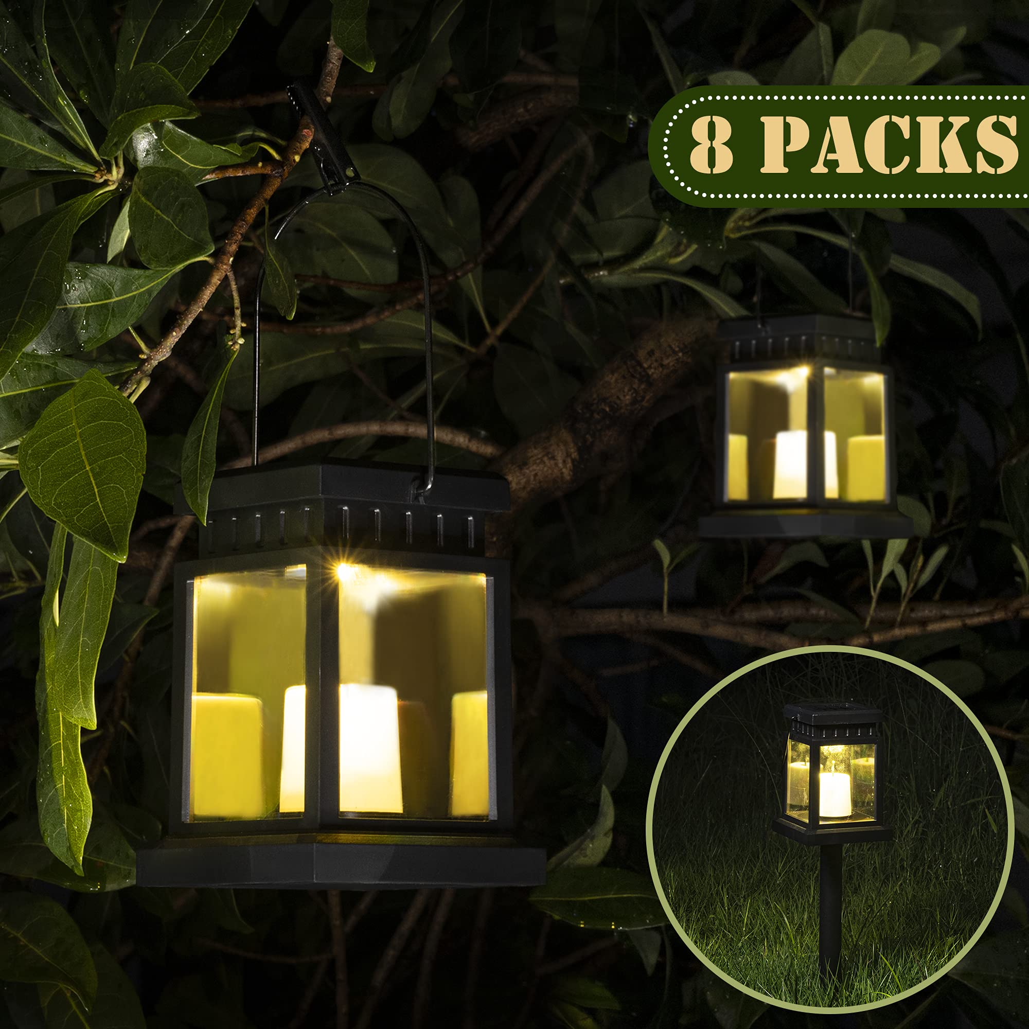 SOLPEX Solar Lanterns Outdoor - 8 Pack LED Hanging Lights, Waterproof, Candle Effect, Black, 3.5"x3.5"x16.2", Model 8374-X