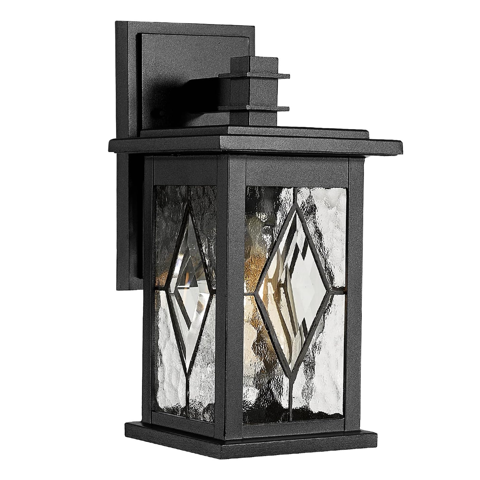 Emliviar Farmhouse Outdoor Porch Light, 1-Light, Aluminum, Water Grain Glass Shade, Black Finish, Model 1803EW1-SD BK, Medium Size