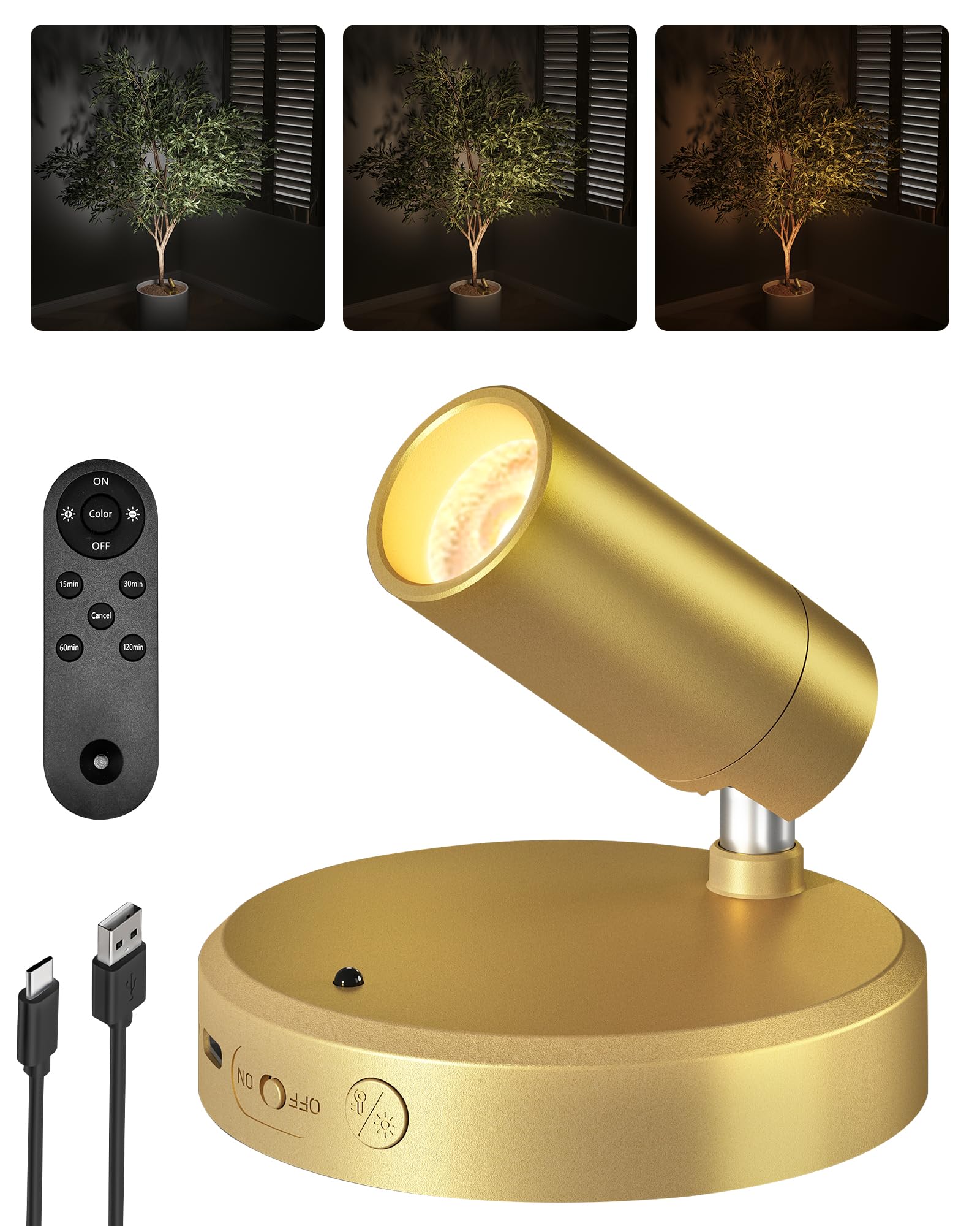 EZVALO LED Spotlight Indoor  5500mAh Rechargeable Battery Picture Lights  Wireless Mini Art Accent Spot Lights with Remote  Uplighting Indoor for Plants Display Discomfortting Artwork Portrait (1Pack-Gold)