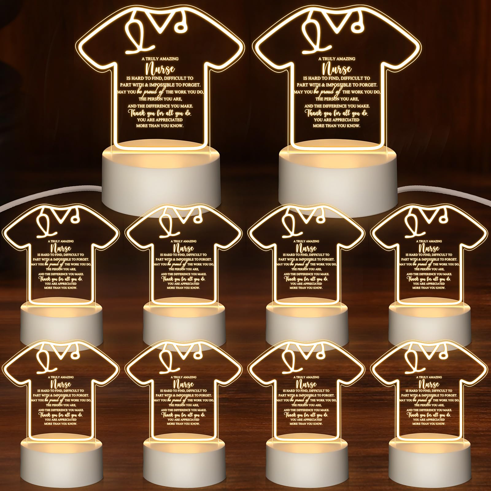 Soaoo 20 Pcs 2026 Nures Week Gift Nurses Appreciation Acrylic Night Light with Base LED Night Lamp with Engraved Sayings Thank Y