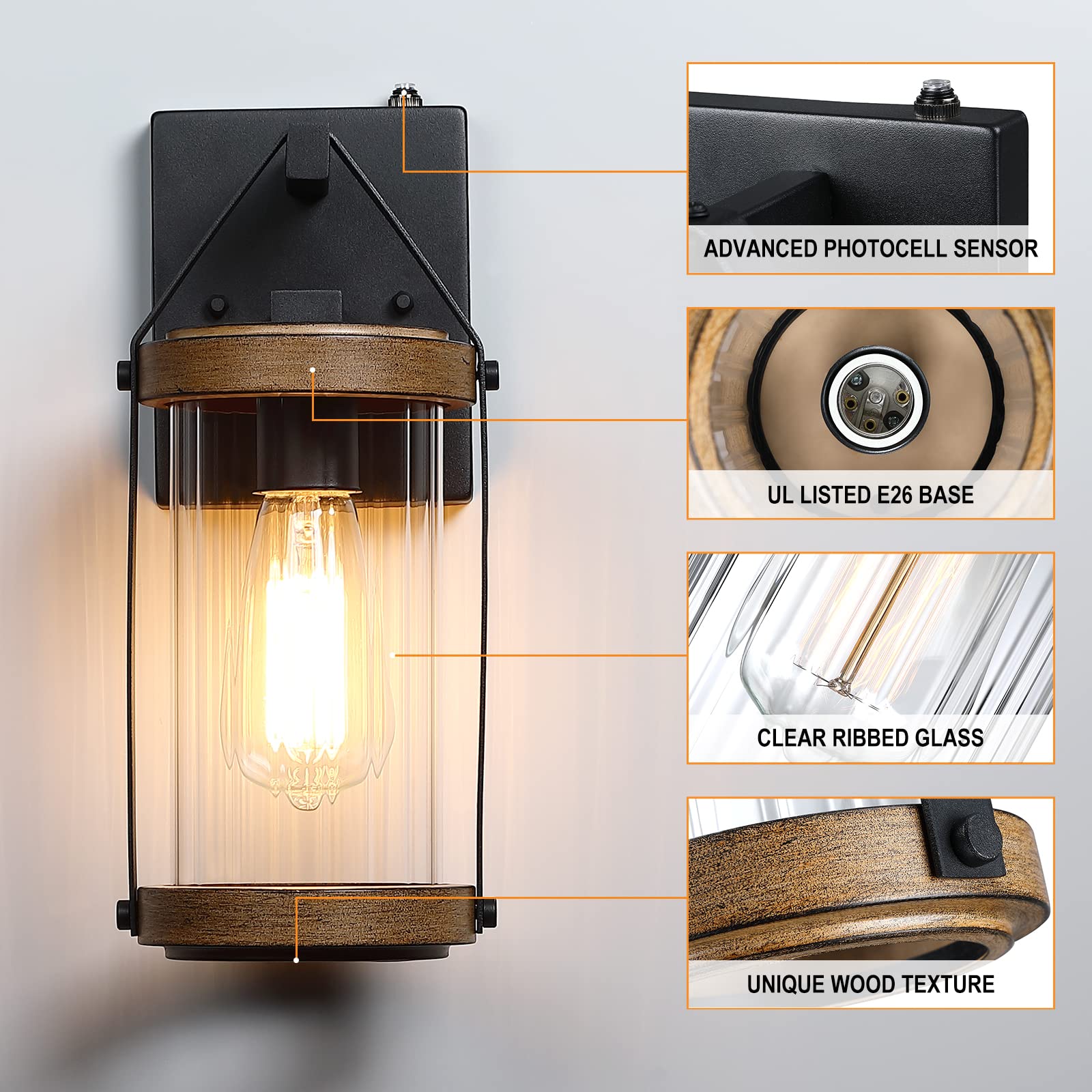 LONEDRUID Outdoor Wall Light Fixtures, 2 Pack, Dusk to Dawn, Waterproof, Black & Wood Texture, Photocell Sensor, Wall Mount Sconce