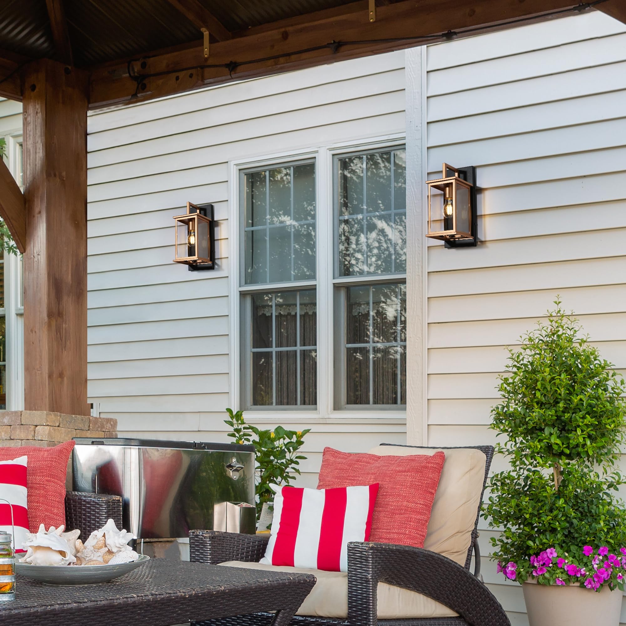 Gepow Black And Gold Outdoor Wall Lights, Modern Waterproof Sconce With Clear Glass Shade