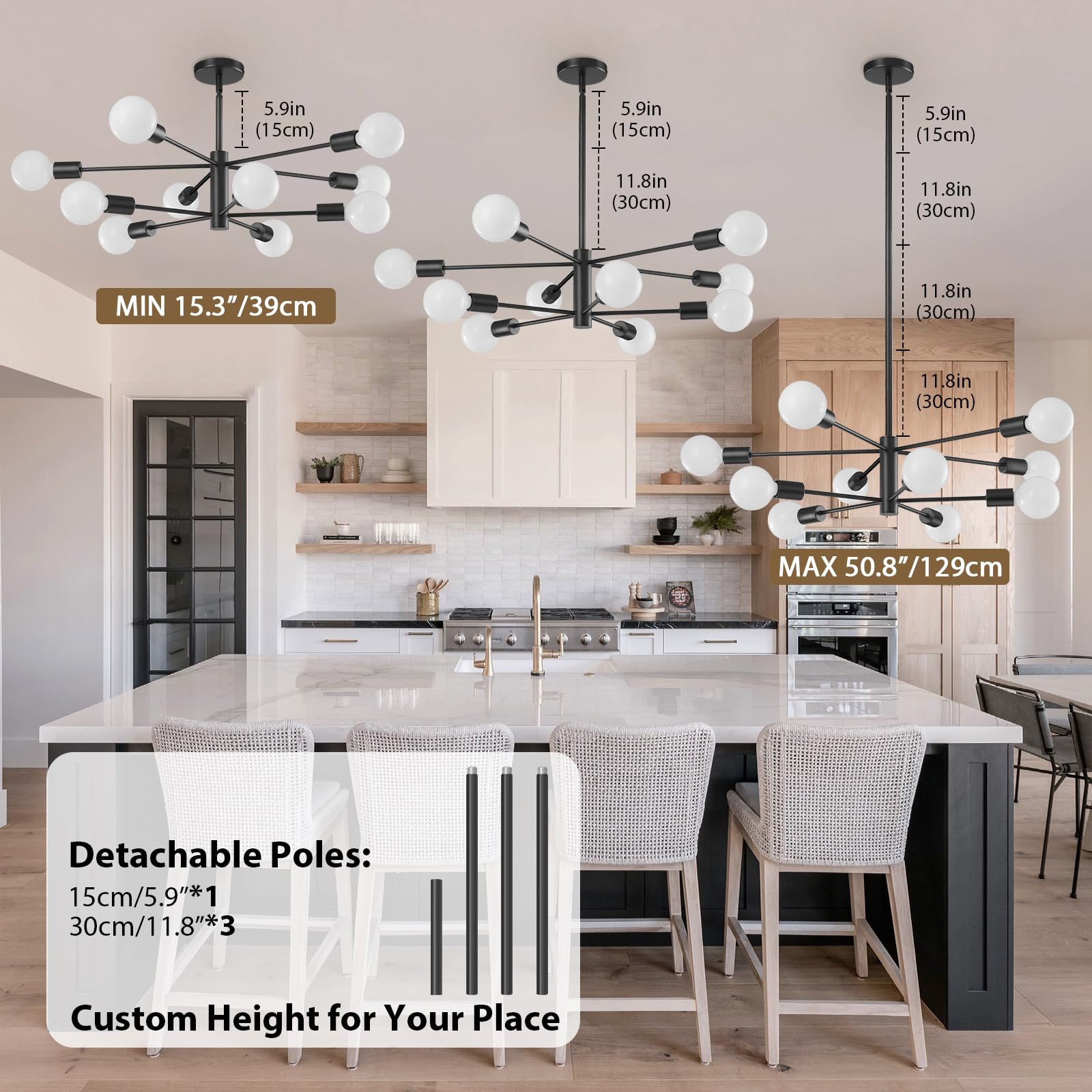 Kaisite Modern Chandelier Ceiling Light Fixture Sputnik Chandelier 10-Light Black Chandelier For Dining Room Over Table Height A