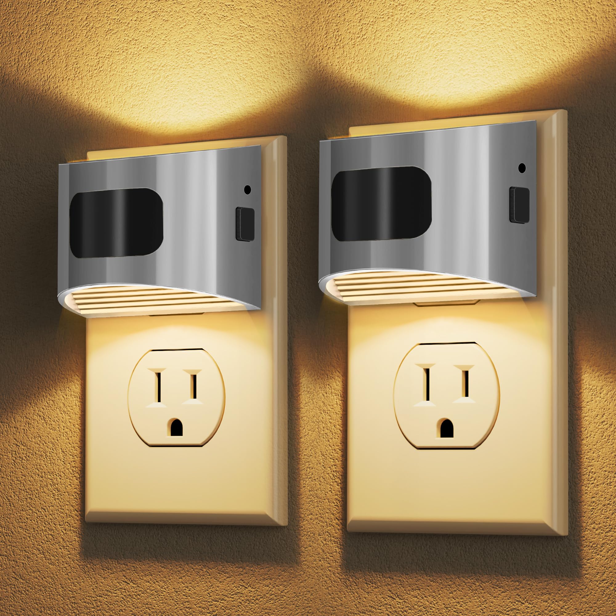 DORESshop LED Night Light[2 Pack]  Silver Night Lights Plug into Wall  3 Mode Plug in Night Light with Motion Sensor  Dusk to Dawn Sensor  Nightlights for For Mature Userss  Bedroom  Bathroom  Hallway