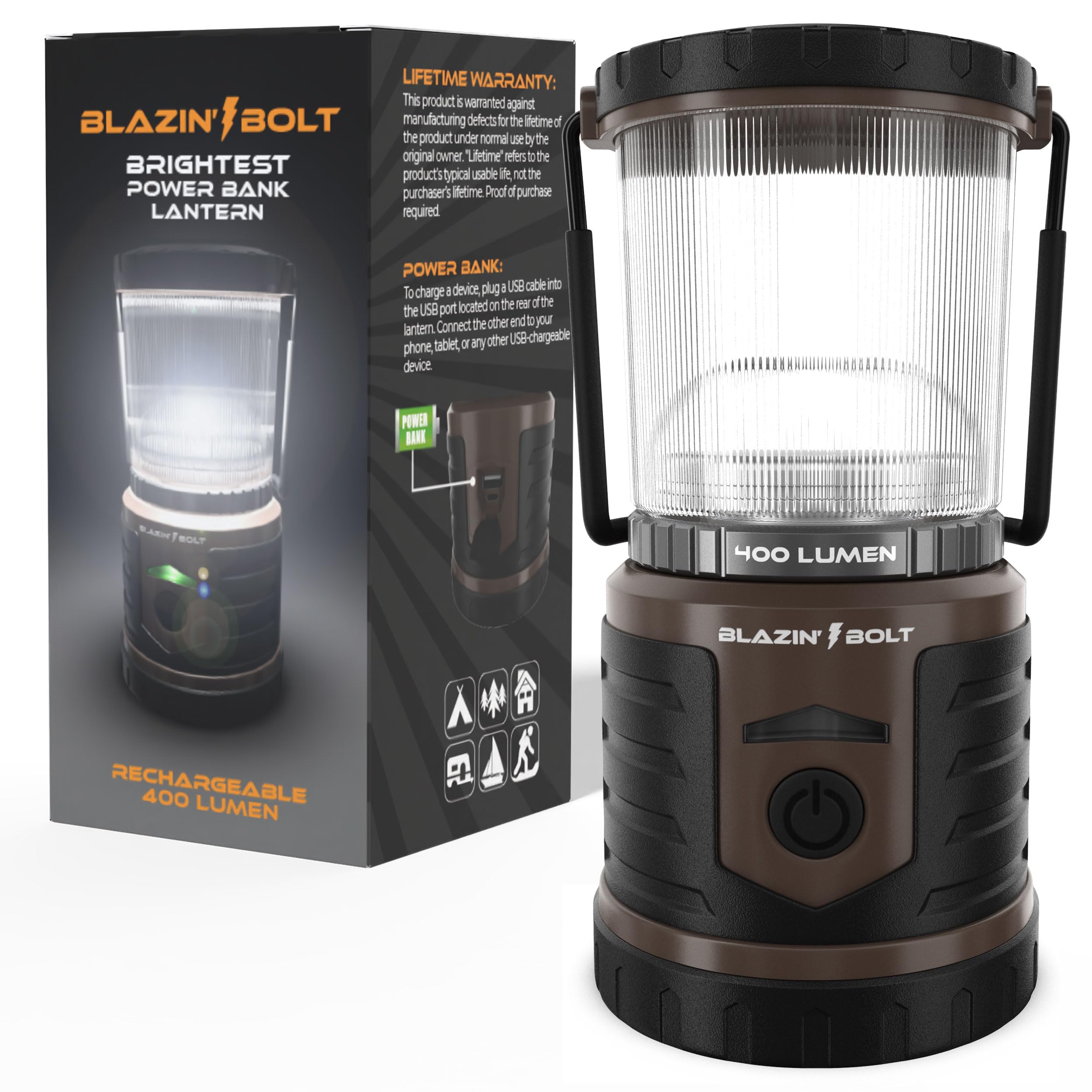 Blazin Bolt Rugged USB Rechargeable Lantern | 400 Lumen | 6000mAh Power Bank | Taupe | Model BB-BOLT400-GRAY