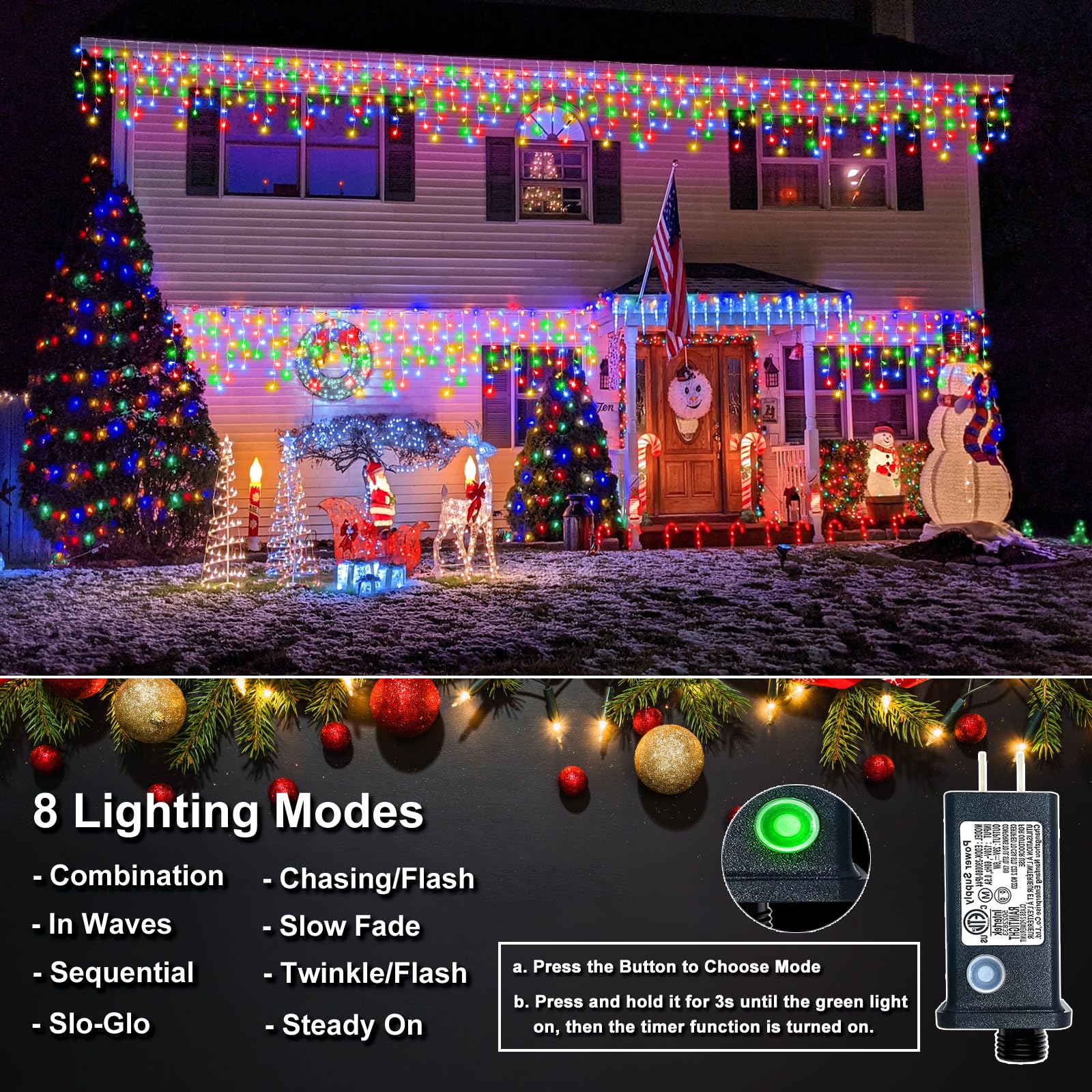 Multicolor Icicle Christmas Lights, 66Ft 640 Led Icicle String Lights With 8 Modes 120 Drops, Waterproof Plug In Curtain Fairy L