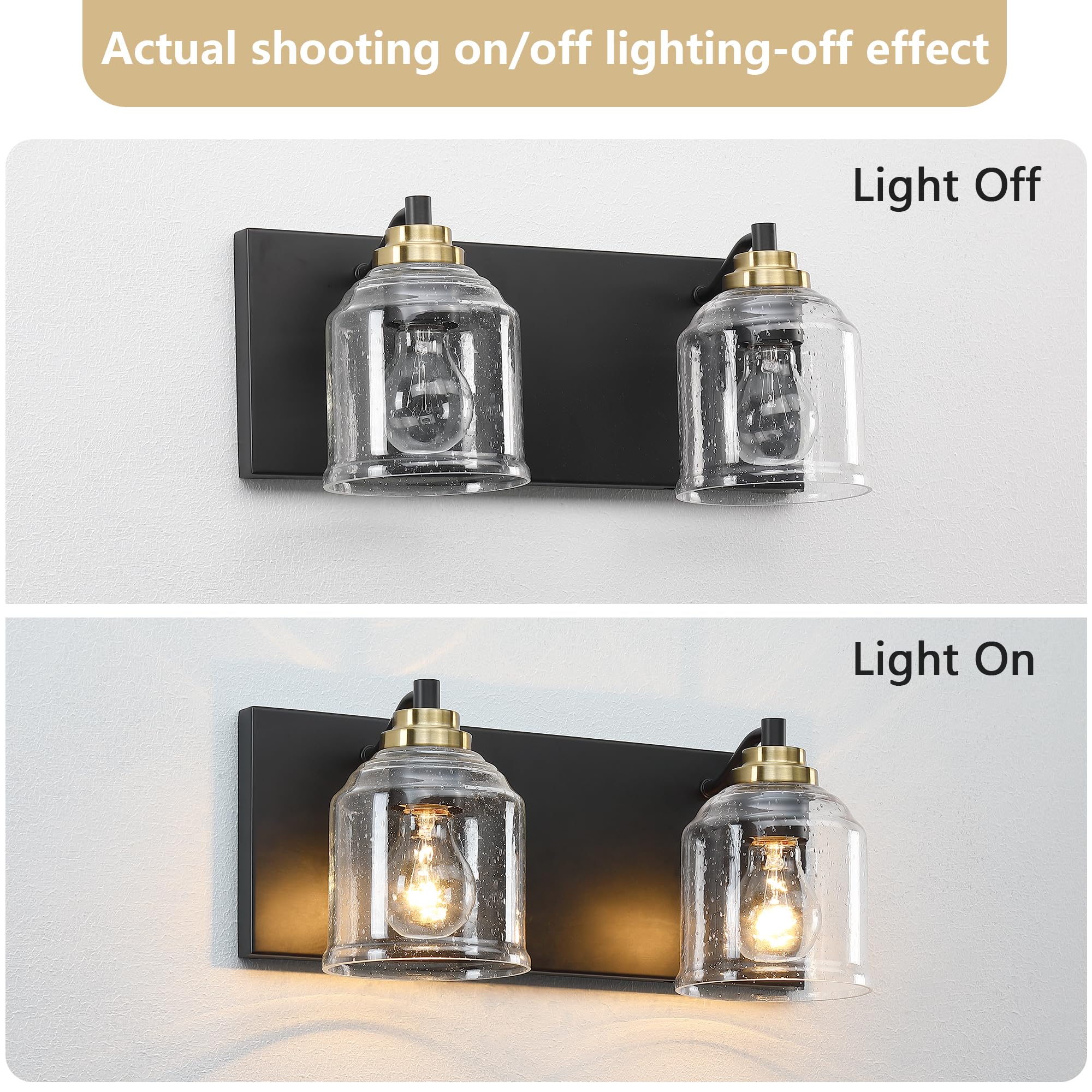 YKLITG Vanity Light Fixture, 2-Light, Black and Gold, Bubble Glass Shades, Farmhouse Rustic Design, Model BD005 S, 15.8in Size