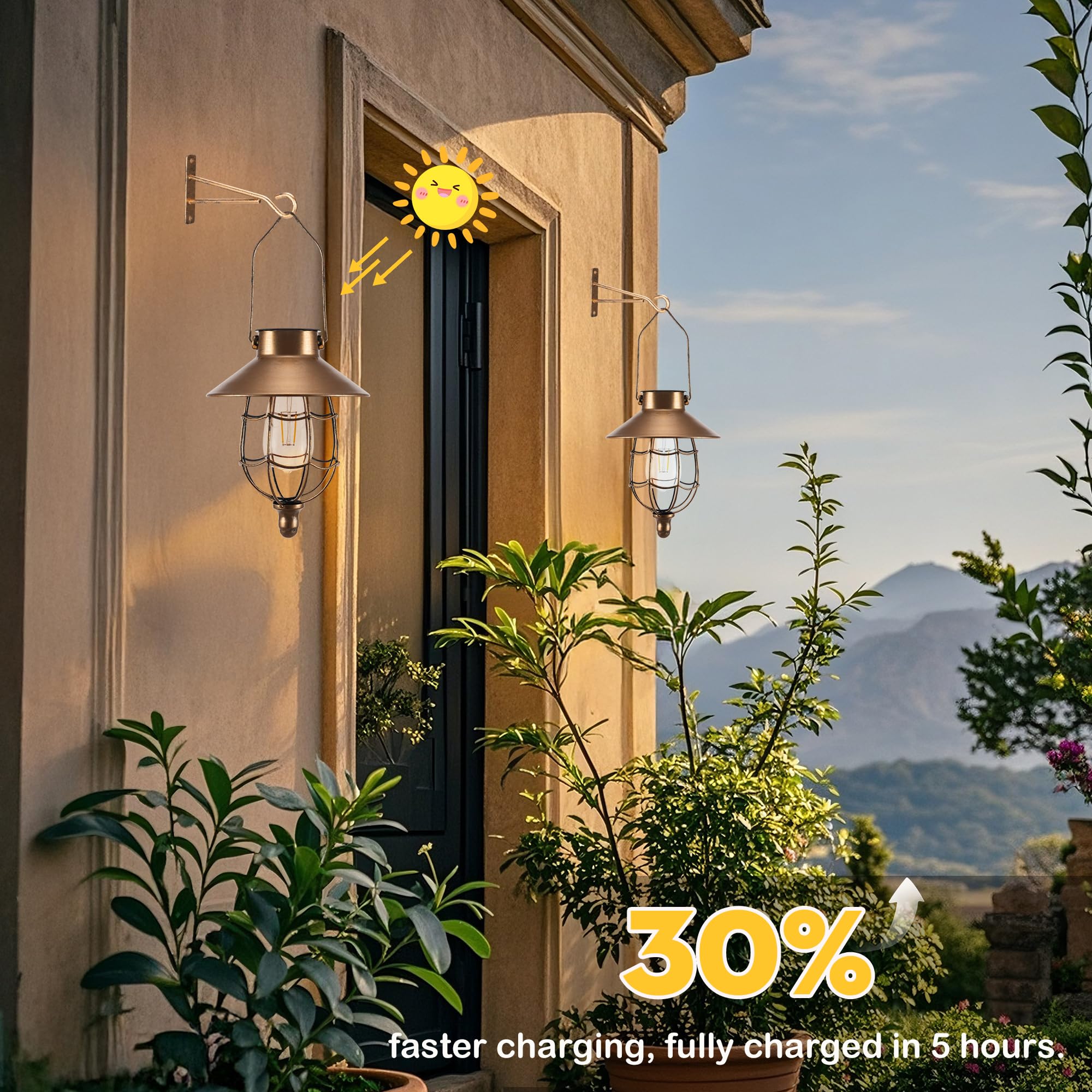 pearlstar Solar Lanterns Outdoor Hanging Copper Metal Vintage Waterproof Edison Bulb Design 2 Pack for Garden Patio Yard Tree