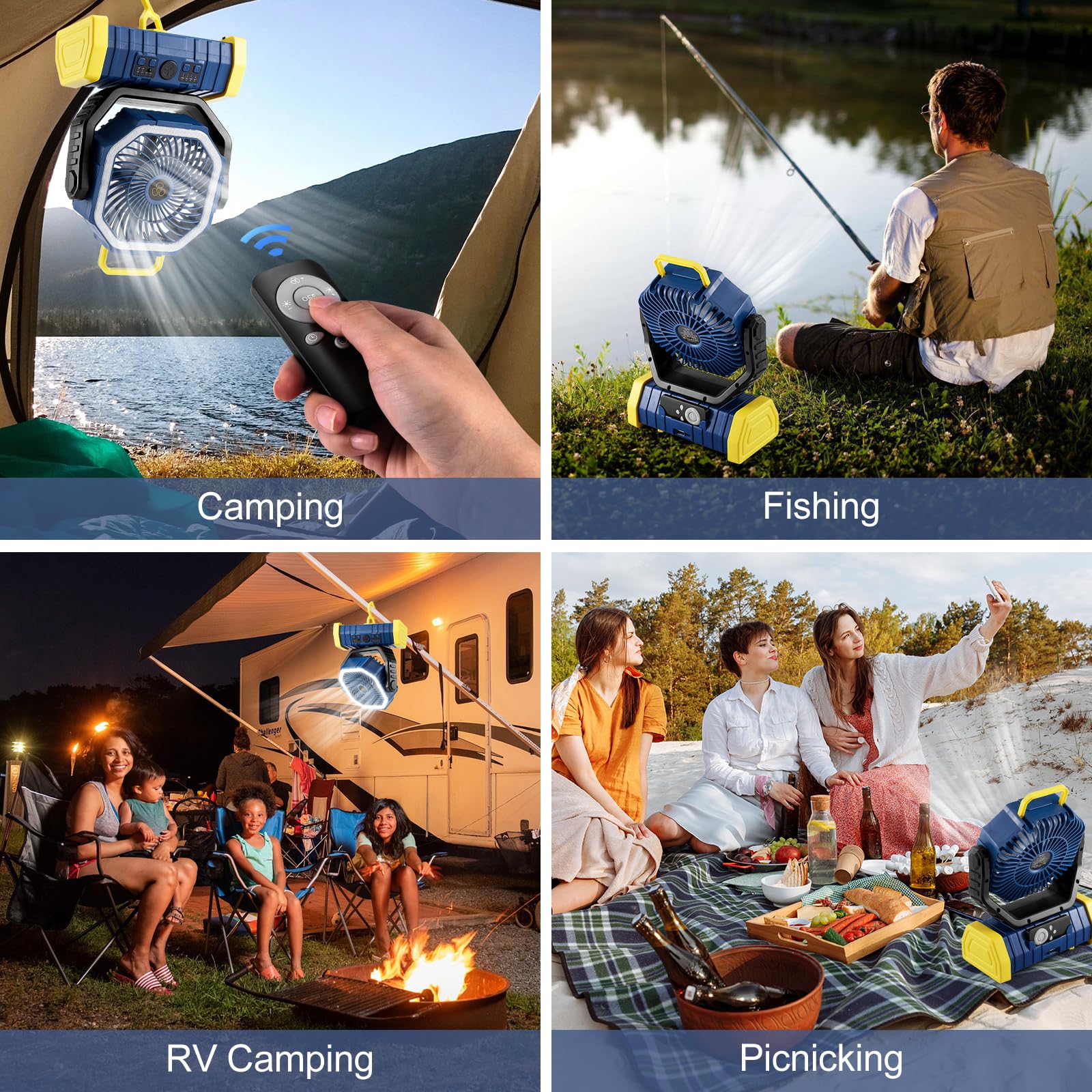 Odoland 30000mAh Camping Fan & LED Lantern, Rechargeable, Oscillating, 9.45x11.42x5.11 inches, Blue, Model OD0671L