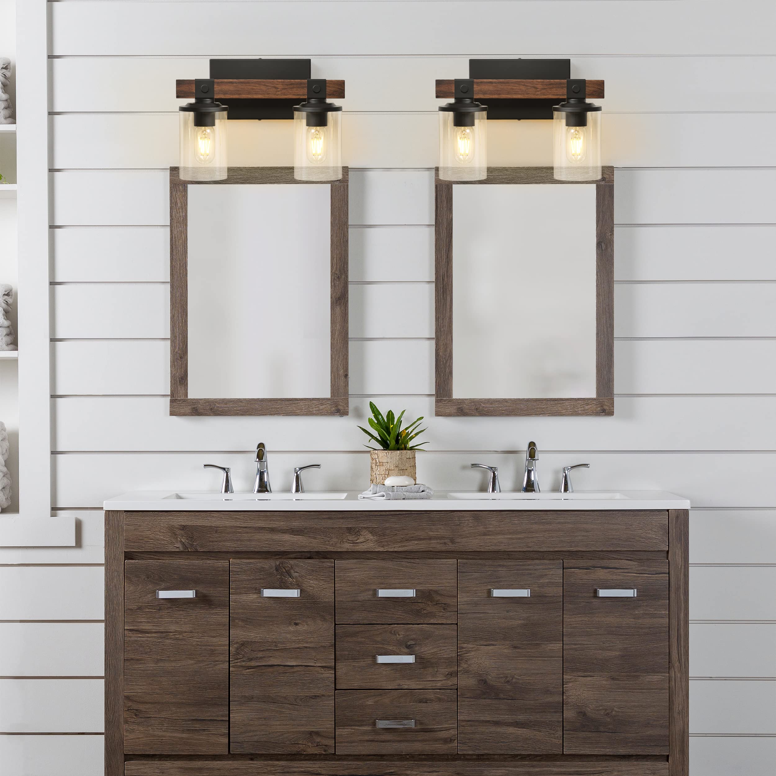 GoYeel Farmhouse Vanity Lights, 2-Light Rustic Wall Sconce, Antique Wood, Clear Glass Shade, Vintage Style for Bathroom and Hallway