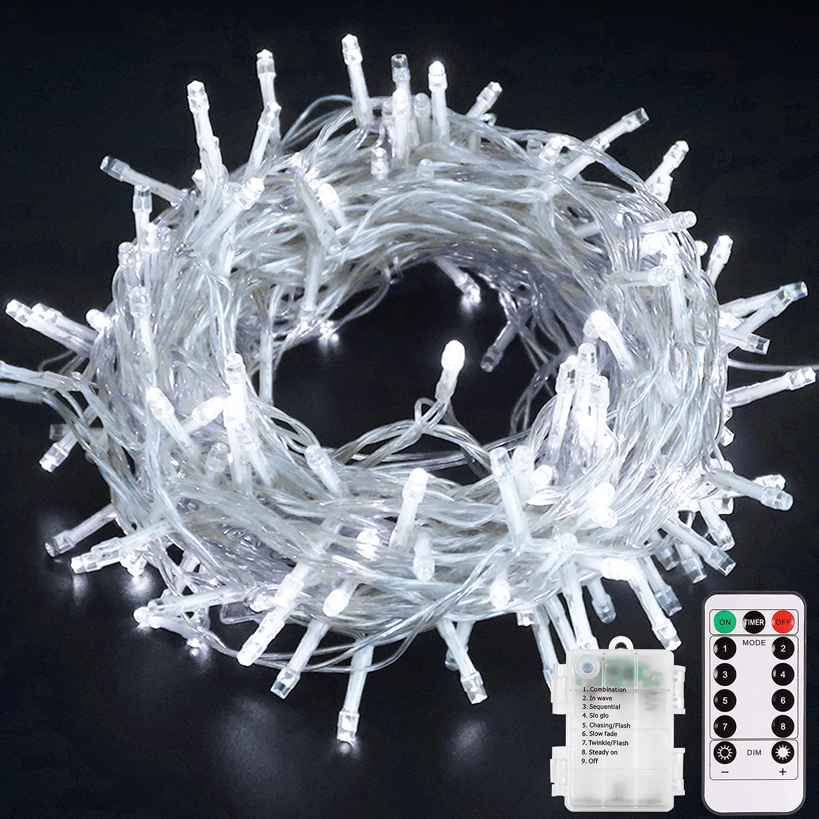 Echosari Outdoor Led Fairy String Lights, 100 Battery Operated Lights, Remote Dimmable, Timer, 8 Modes, Cool White, 1 Pack