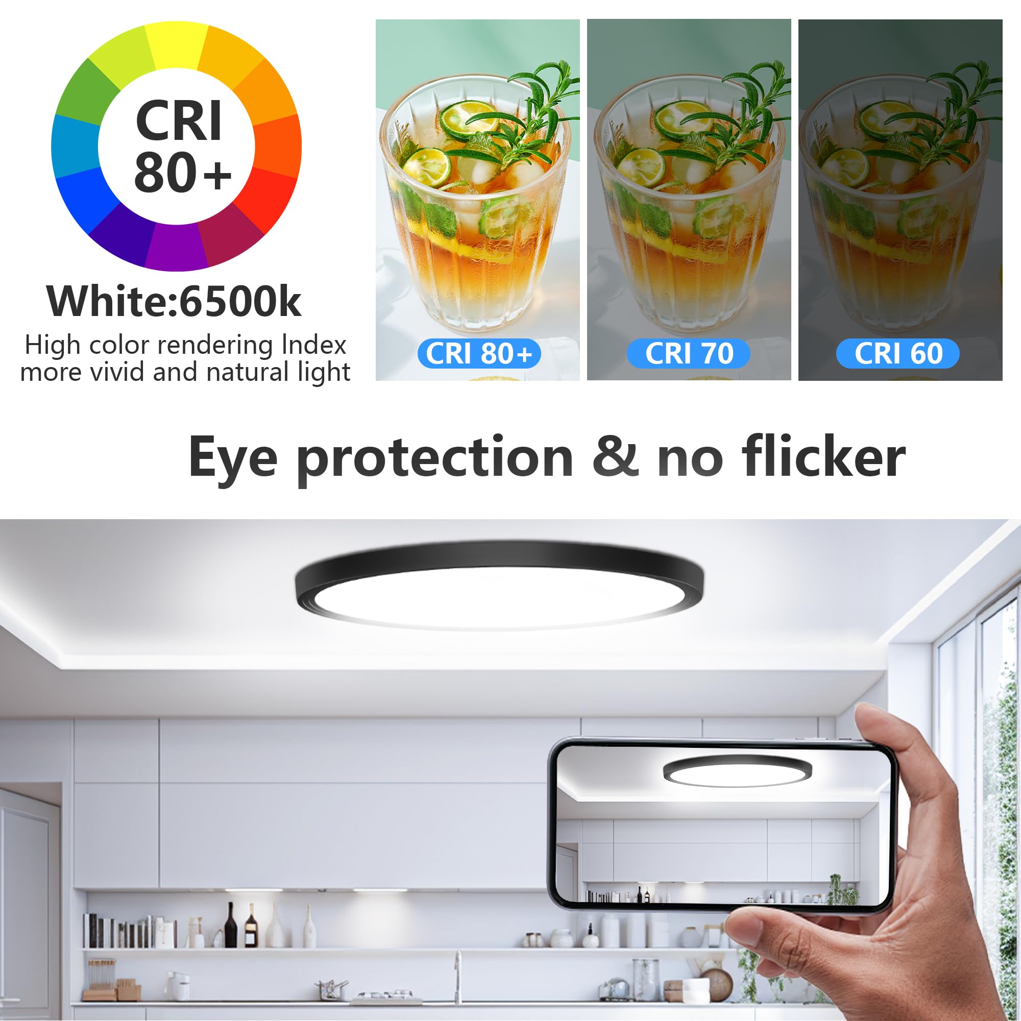 DEALGADGETS Flush Mount Ceiling Light, 12Inch Ultra Thin Black LED Lamp, 6500K 3200LM, 2PCS