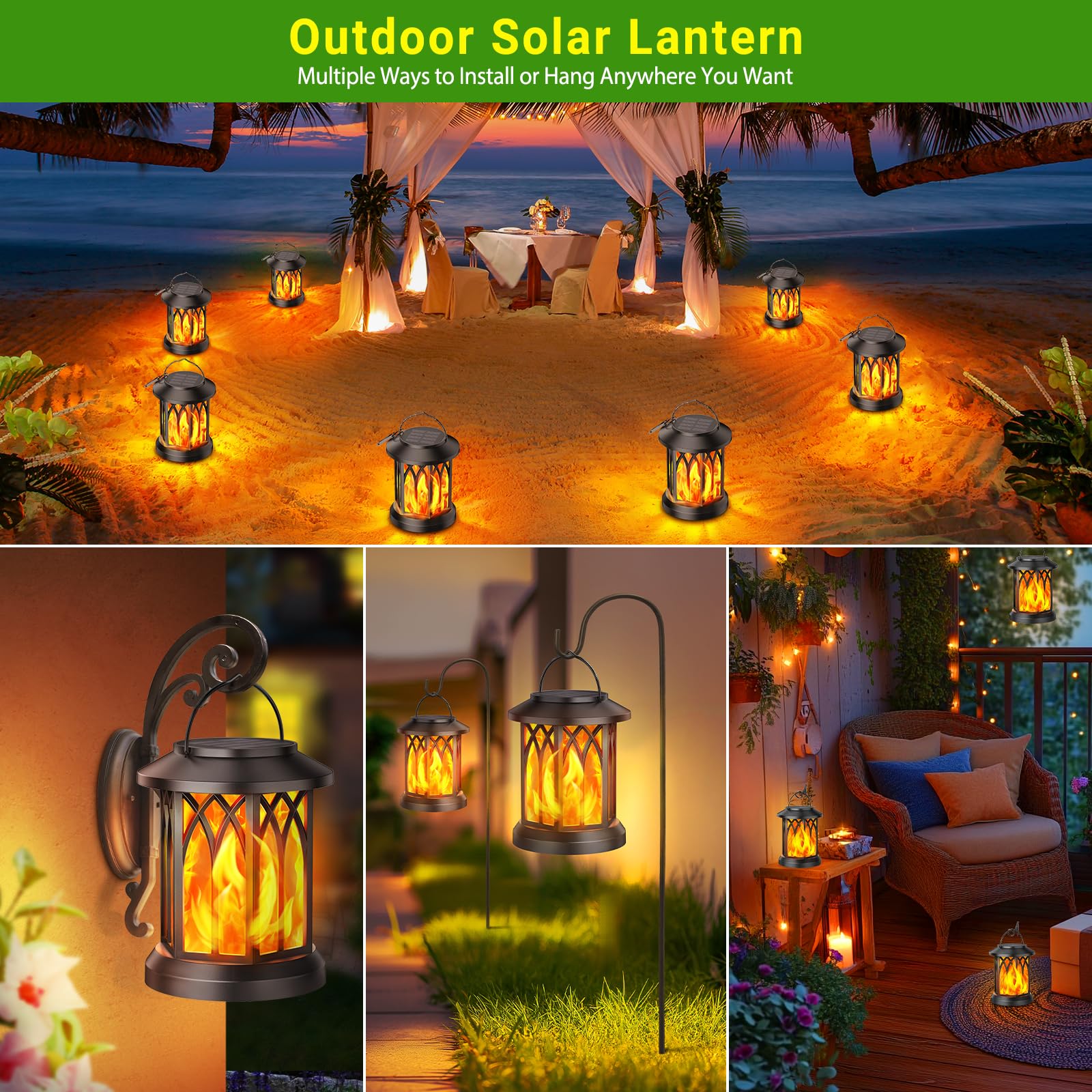 KOOPER Solar Lanterns Outdoor, Flickering Flames, Waterproof, 2 Pack, Black, Model DL-002