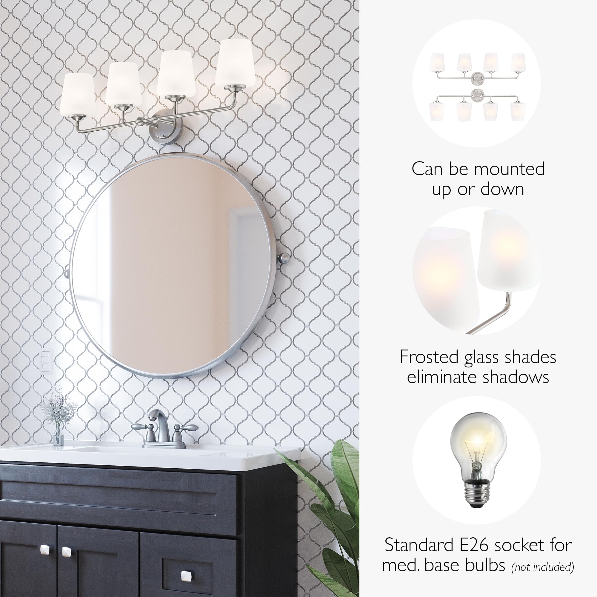 Design House Stasia Vanity Light, 4-Light, Dimmable, Satin Nickel, 33.6 in L x 6.7 in W x 10.9 in H, Model