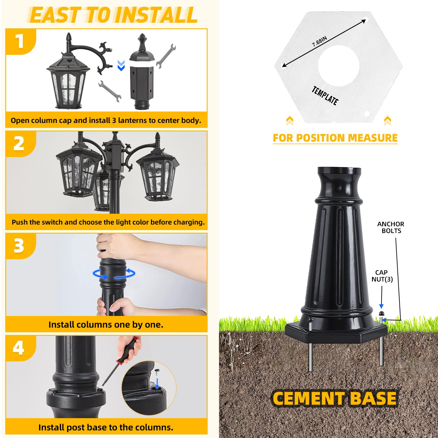 GYDZ 3-Head Solar Street Light, Aluminum with Dusk to Dawn Sensor, Waterproof Black Lamp Post for Backyard, Garden, Driveway, Model 6590-S-SE-GL