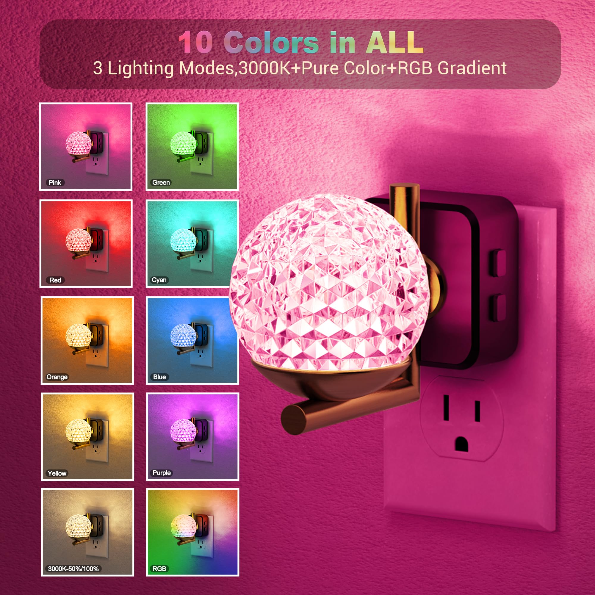 JandCase LED Night Light - 3000K Warm White & RGB Color Changing - Dusk to Dawn Sensor - 1 Pack - Sphere Design