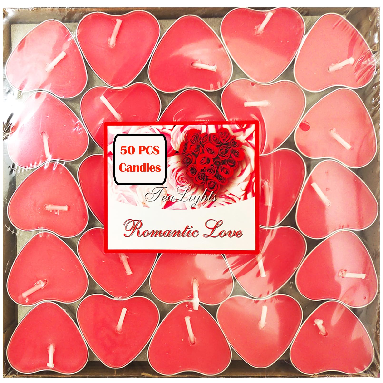 xlehoely 50 Pack Tea Light Candles,Heart Shaped Unscented Tealight Candles,Romantic Love Smokeless Tea Lights Candles,Dripless &