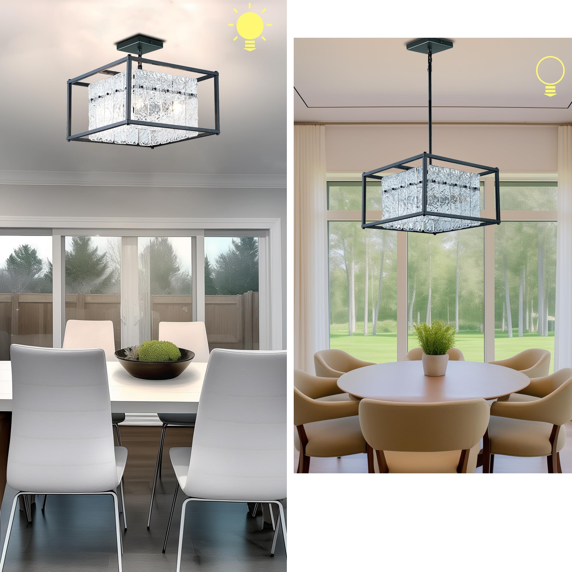 Modern Foyer Chandelier, Black Crystal Chandelier For Dining Room, Square Entryway Light Fixture Hanging, Easily Adjustable Heig